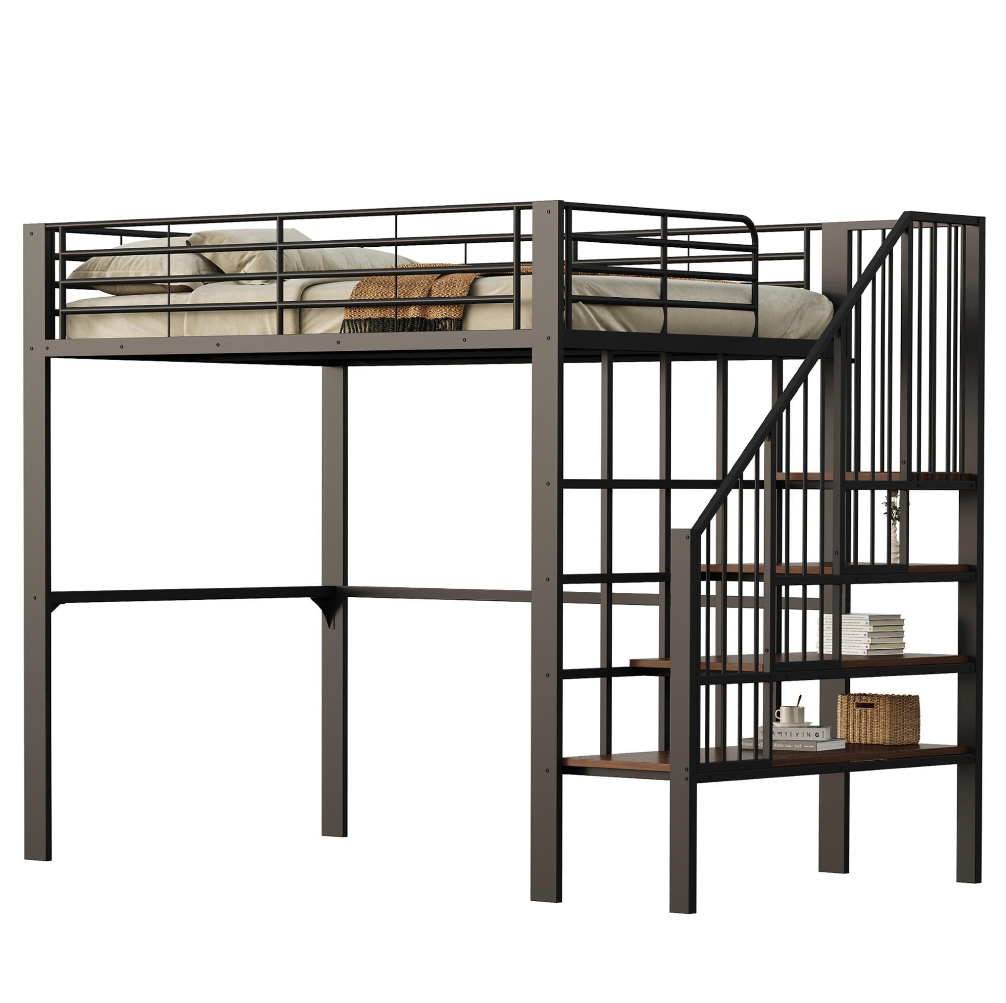HOCHBETT 140/200 cm Schwarz mit Treppe und Stauraum aus Metall - Schwarz, Metall (140/200cm) - Flora Grace