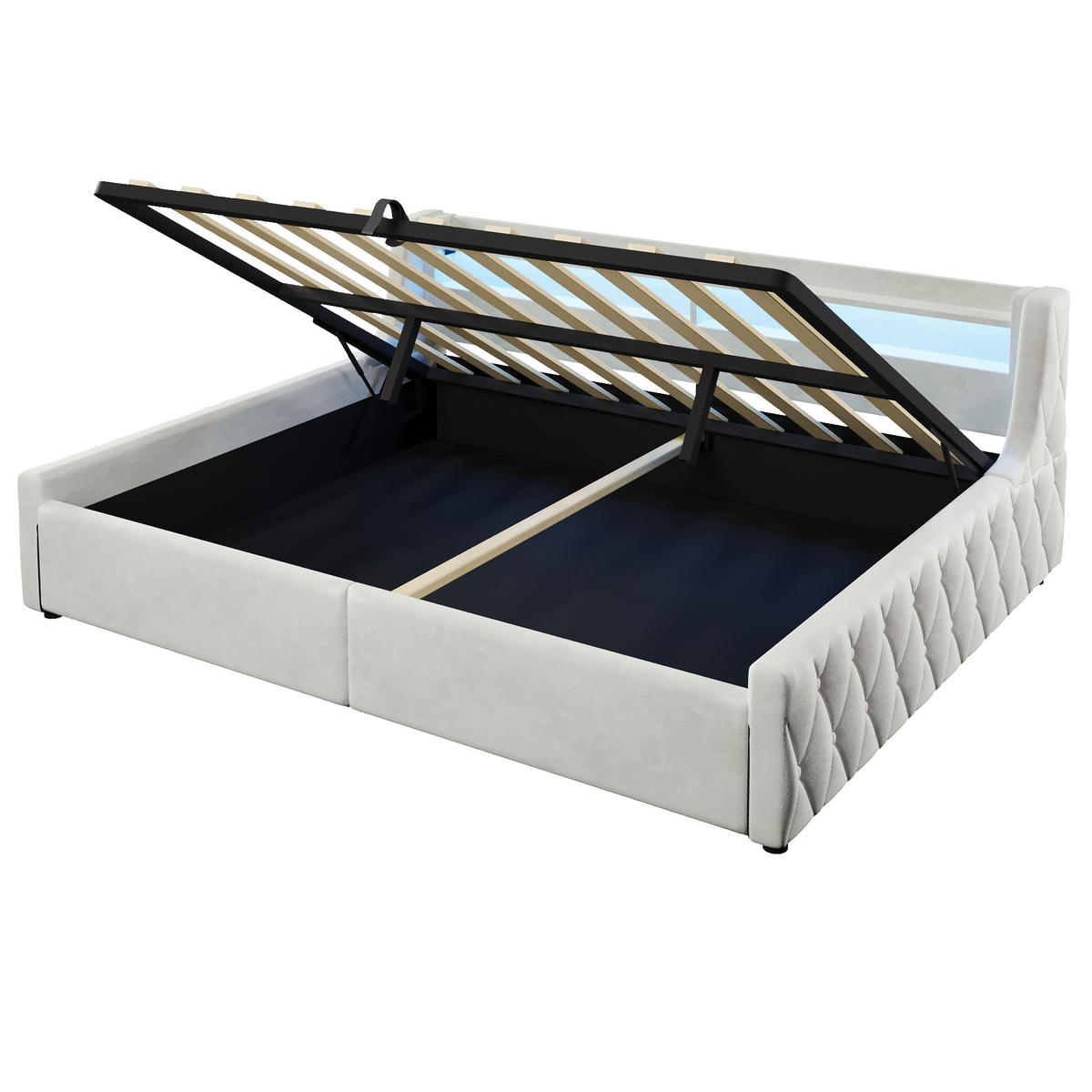 POLSTERBETT beige 140 × 200 cm aus MDF‑Samt mit hydraulischem Stauraum & LED‑Beleuchtung - Beige, Textil (140/200cm) - Luhomfu