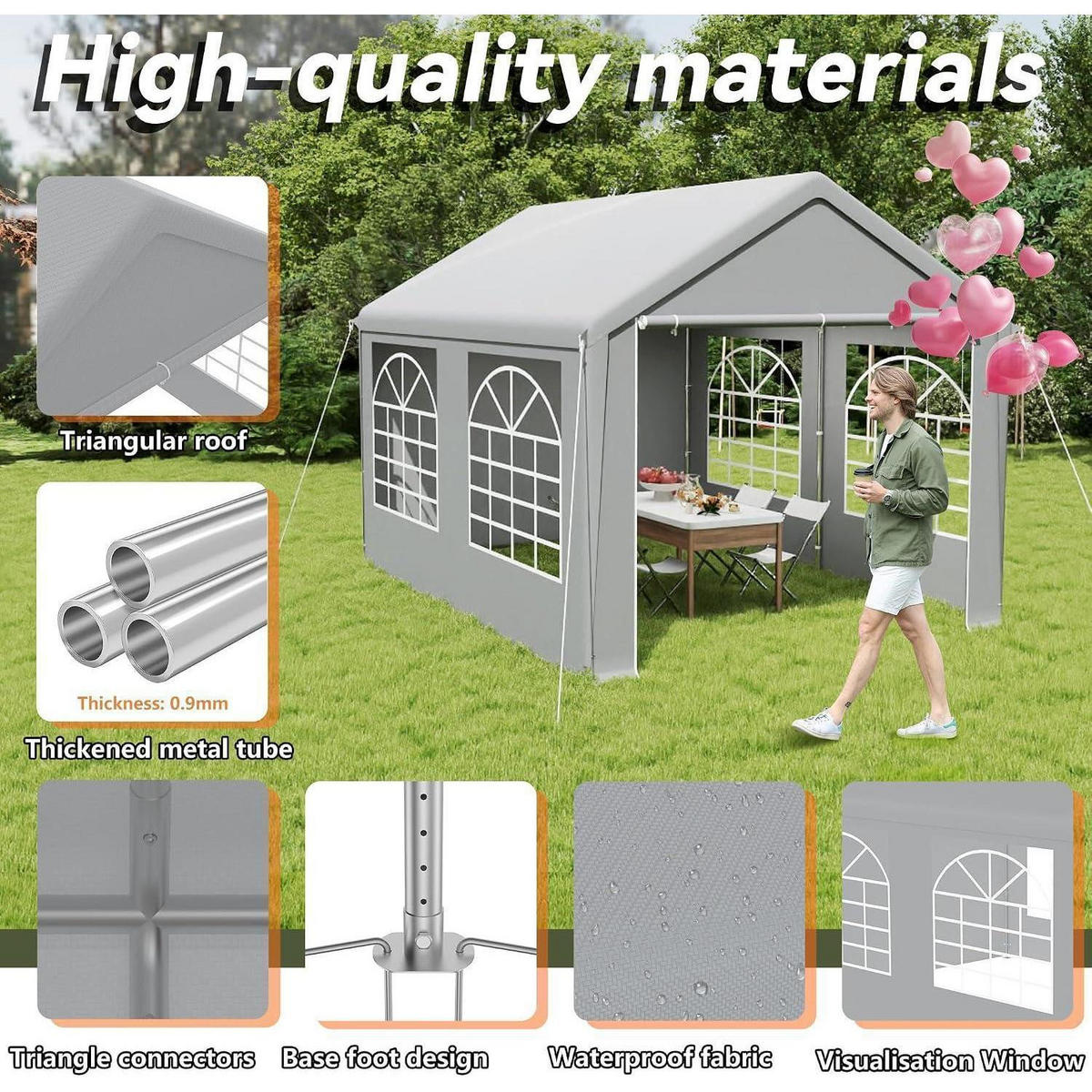 GARTENZELT 3 x 4 m Grau mit 4 Seitenwänden - Grau, Textil (300/400/270cm)