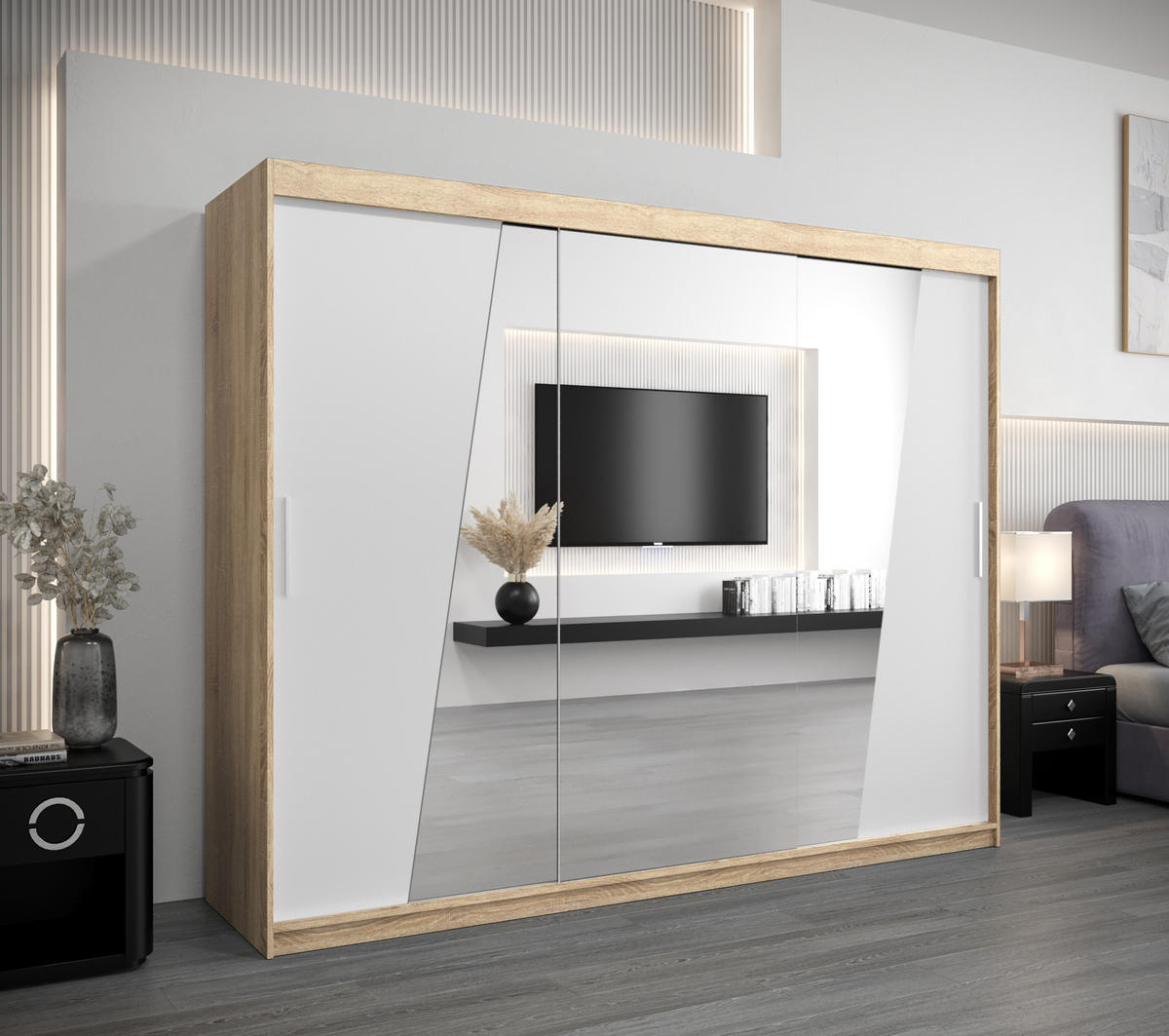 SCHWEBETÜRENSCHRANK 200/250/62 3-türig - Silberfarben/Weiß, Holz/Kunststoff (250/200/62cm) - Abiks Möbel