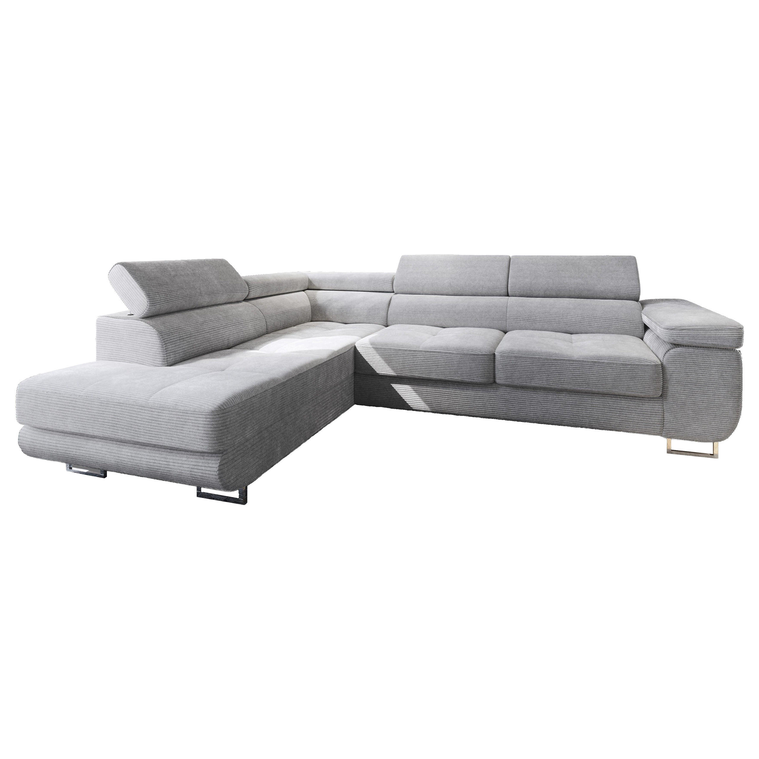 ECKSOFA APIRO L-S Hellgrau Kordstoff mit Schlaffunktion - Silberfarben/Hellgrau, Holz/Textil (276/202cm) - MASSENO