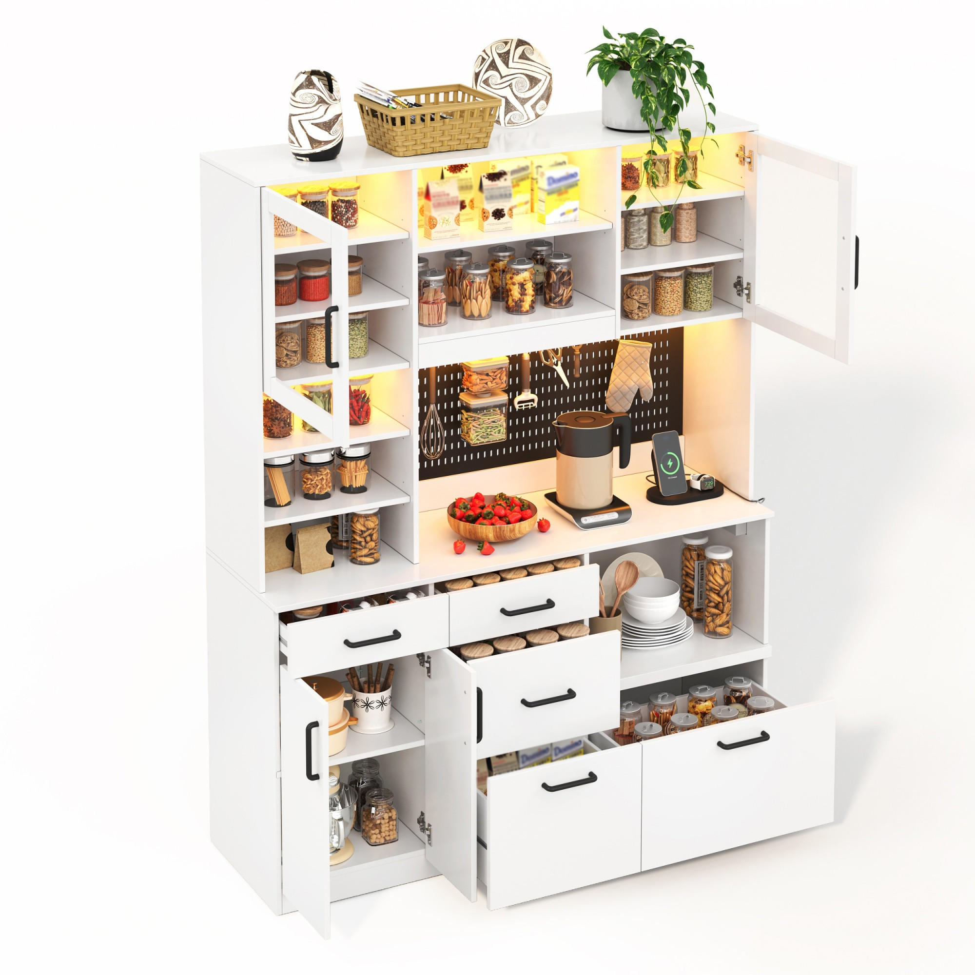 BUFFET 185 cm MDF Weiß mit RGB-LED, Lochplatte und Glasfront - Weiß, Holzwerkstoff (40/185/145cm) - Korfee