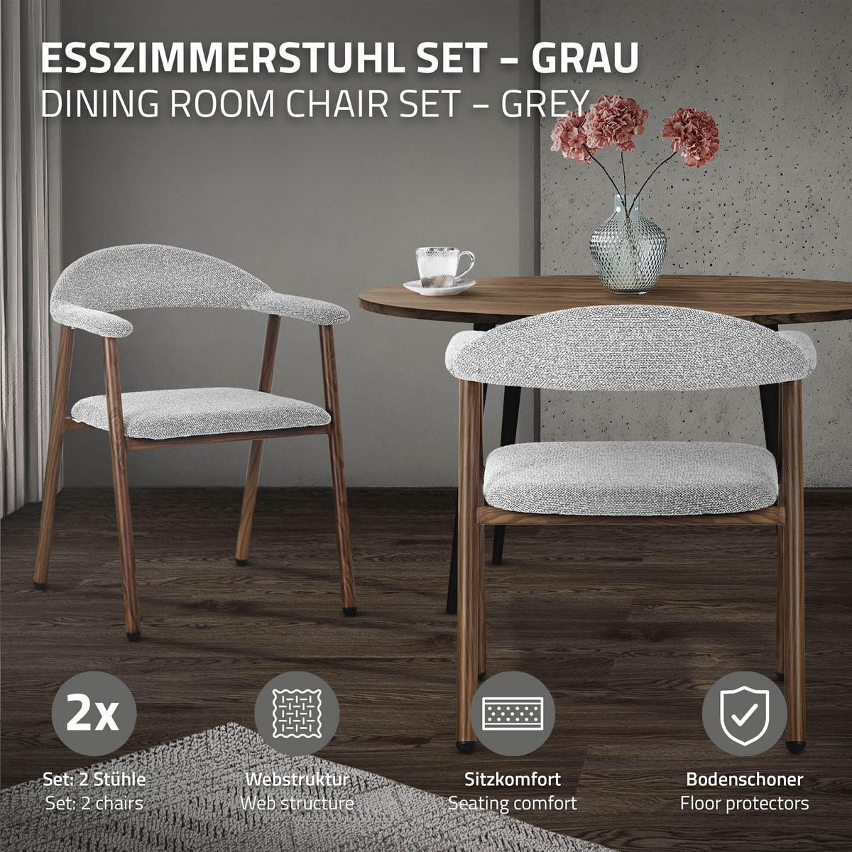 JÍDELNÍ ŽIDLE, sada 2 ks, šedé s proplétaným vzorem a ocelovou konstrukcí v imitaci dřeva - šedá/hnědá, kov/textil (59/78/61cm) - ML-DESIGN