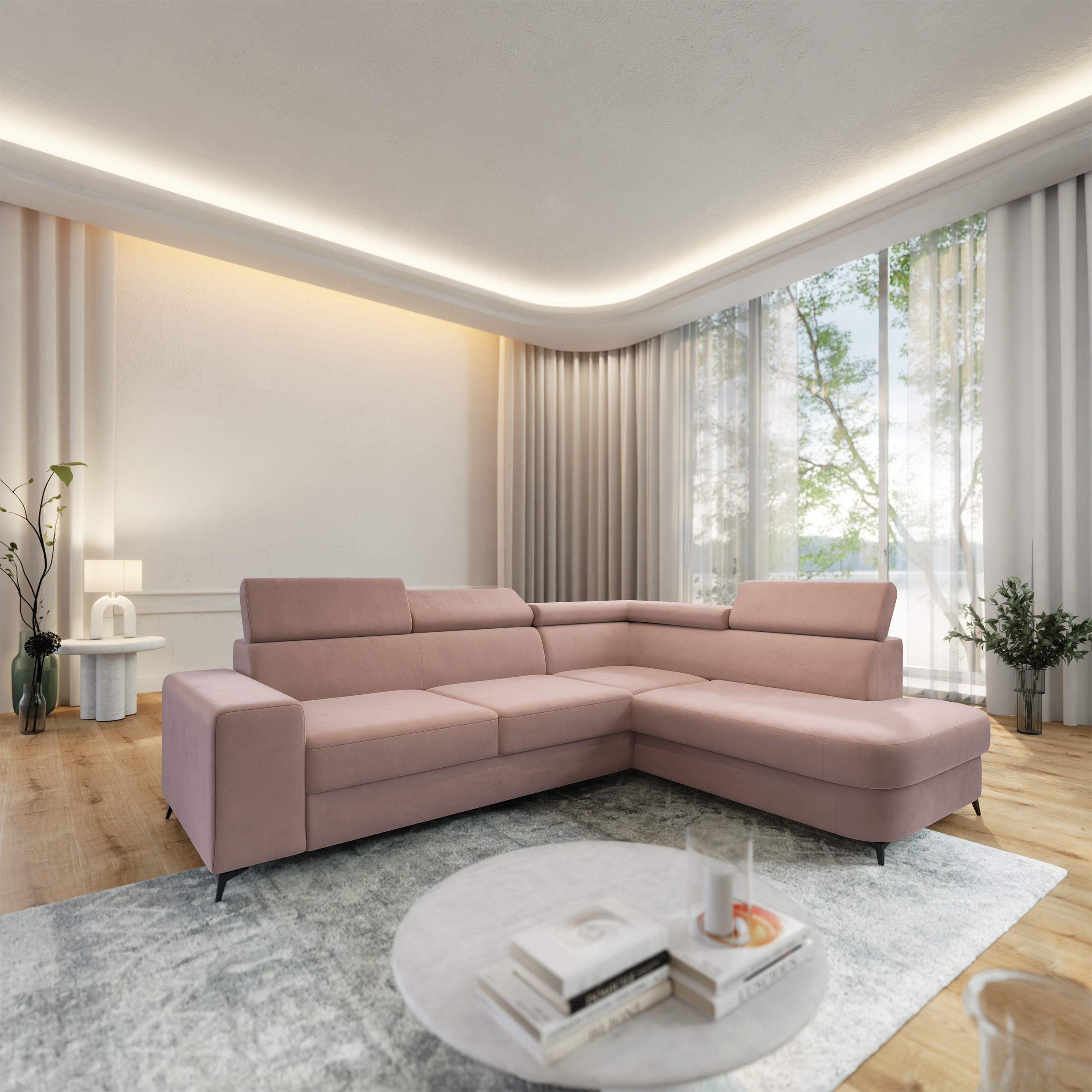 ECKSOFA ALVORO R-S Rosa Velours-Stoff mit Schlaffunktion - Rosa, Holz (253/190cm) - MASSENO