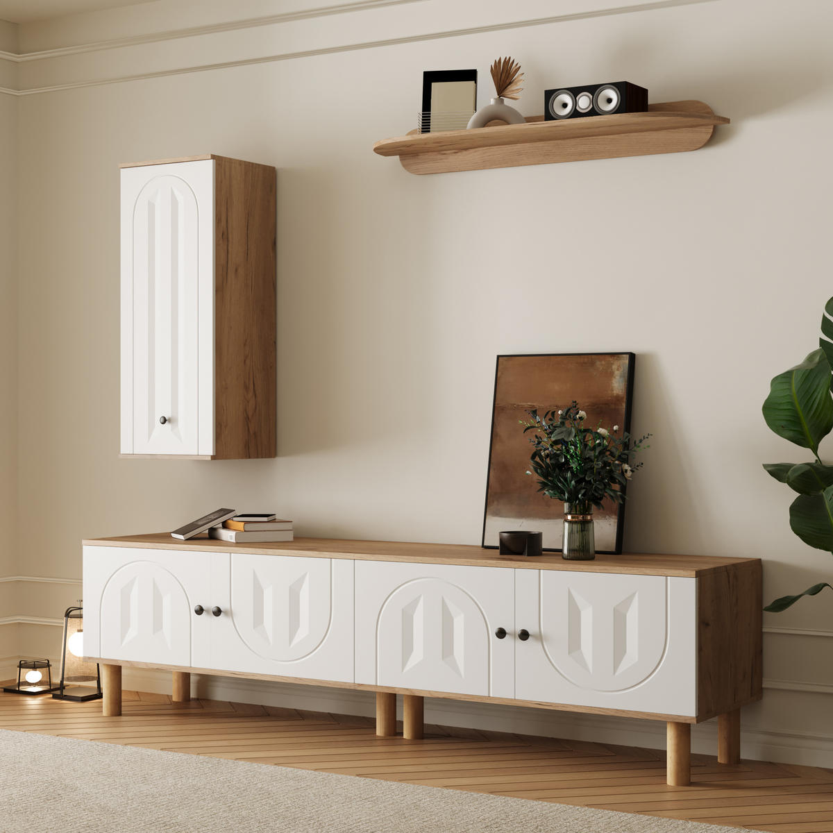 WOHNWAND in Weiß und Naturfarben mit Türen und Wandboard für Wohnzimmer, B170/T40/H50 cm - Weiß/Naturfarben, Holz/Holzwerkstoff (170/100/40cm) - STILVORA