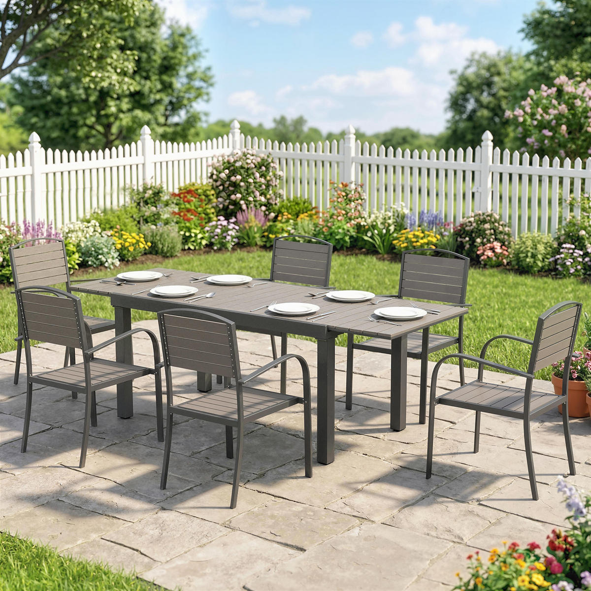 OUTDOOR-ESSGRUPPE 7er Set Aluminium WPC Grau - Dunkelgrau/Grau, Kunststoff/Metall - Outsunny