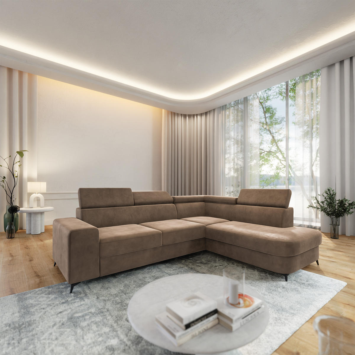 ECKSOFA ALVORO R-S Beige Velours-Stoff mit Schlaffunktion - Beige, Holz (253/190cm) - MASSENO