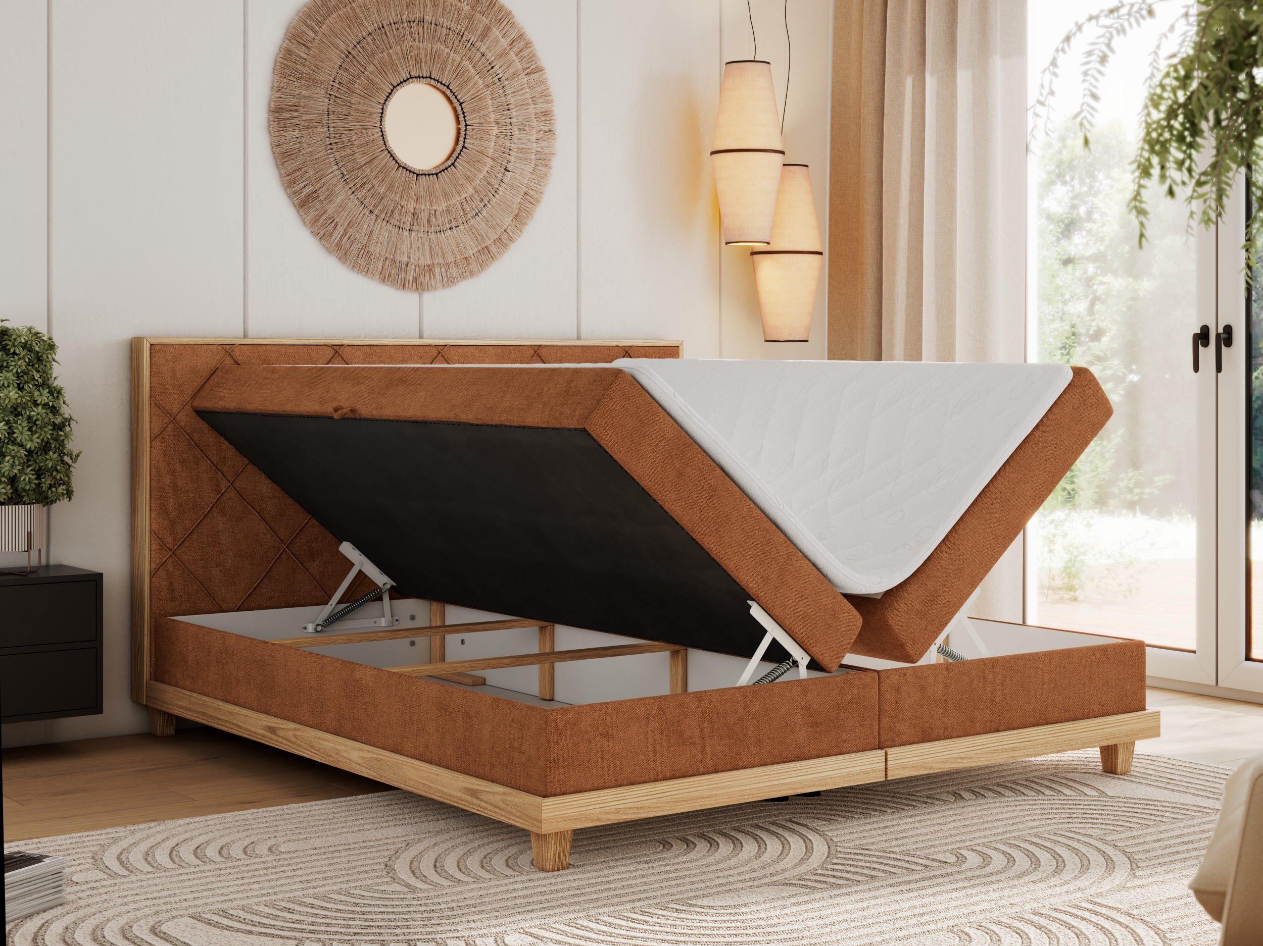 Thumbnail - MKS Boxbett, Orange, Textil, 2-Sitzer, H3, Rechteckig, 160x200 cm, Oeko-Tex®, Schlafzimmer, Betten, Boxspringbetten