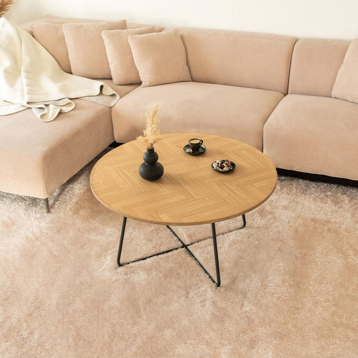 COUCHTISCH Rund NOVARA - 88 x 47 cm Fishbone Oak - Braun, Holz (110/66/47cm) - Home Deluxe