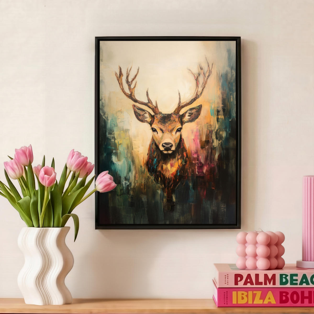 LEINWAND Bilder mit Rahmen - Hirsch - Gemalt - Geweih - Braun - 30x40 - Haselnussfarben, Textil (30/40cm) - MuchoWow