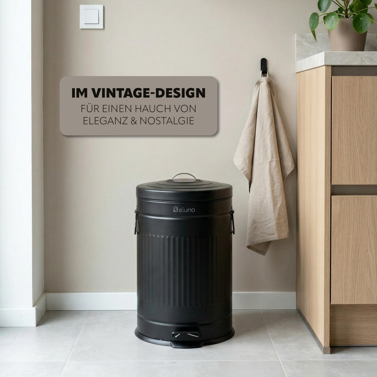 ABFALLEIMER Treteimer VINTAGE, 20 Liter, aus Metall, schwarz - Schwarz, Metall (30.5/47.5/38cm) - eluno