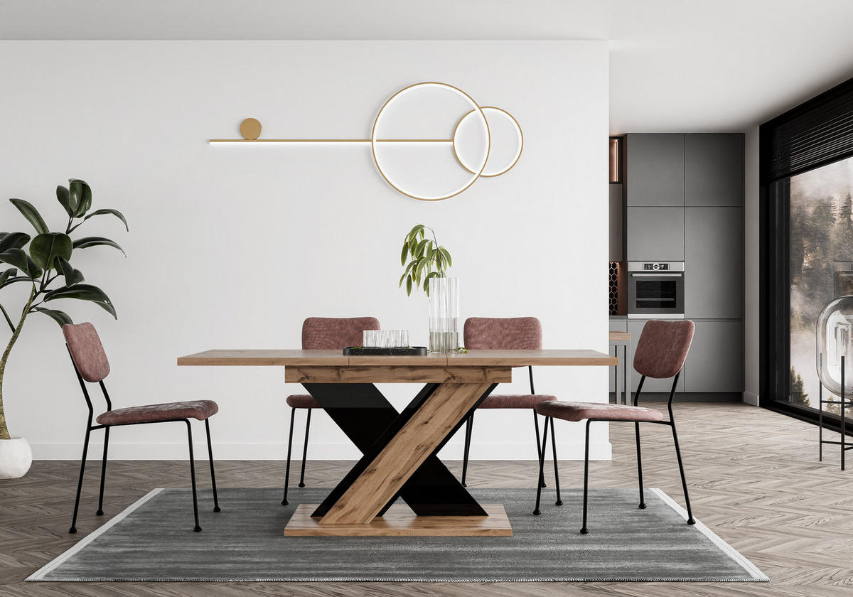 ESSTISCH MERKAS Ausziehbar 120 - 160 / 80 x 76 cm - Schwarz Hochglanz/Eiche Wotan, Holz (120/80/76cm) - MASSENO