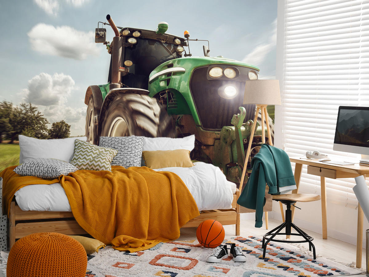 FOTOTAPETA Jazdiaci Traktor Stromy Vegetácia Poľnohospodárstvo 300 x 210 cm - čierna/biela, papier (300/210cm) - Muralo