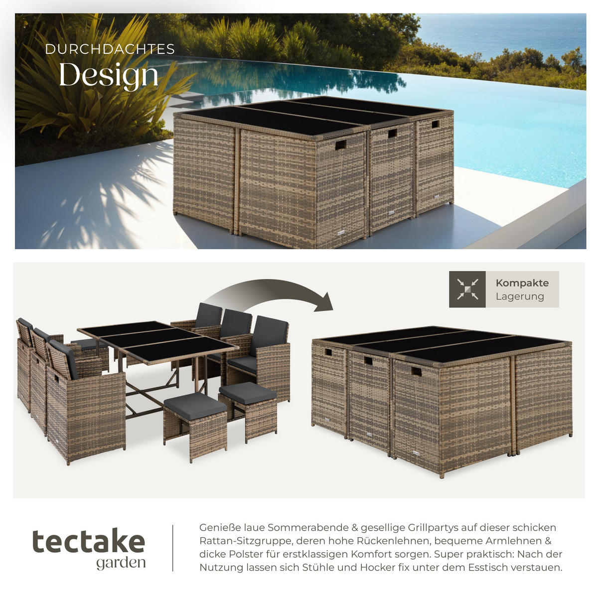 RATTAN SITZGRUPPE Malaga,zusammenschiebbar, inklusive Schutzhülle,natur - Naturfarben, Kunststoff - tectake