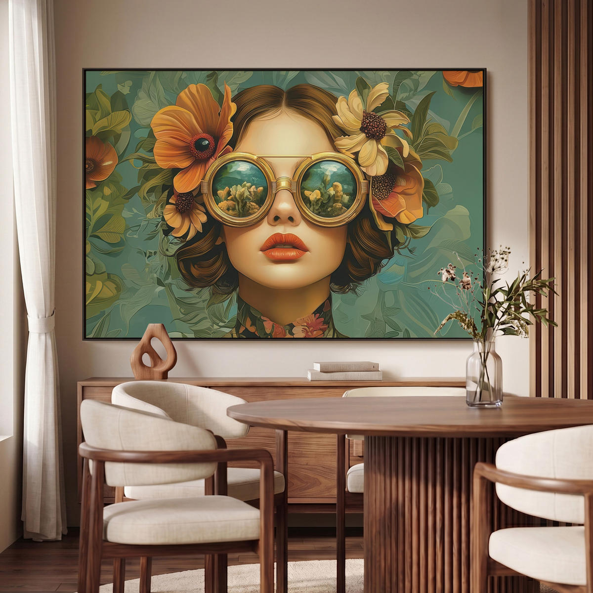 LEINWAND Bilder mit Rahmen - Frau - Blumen - Schmetterlinge - Natur - Vintage - 120x80 - Salbeigrün, Textil (120/80cm) - MuchoWow