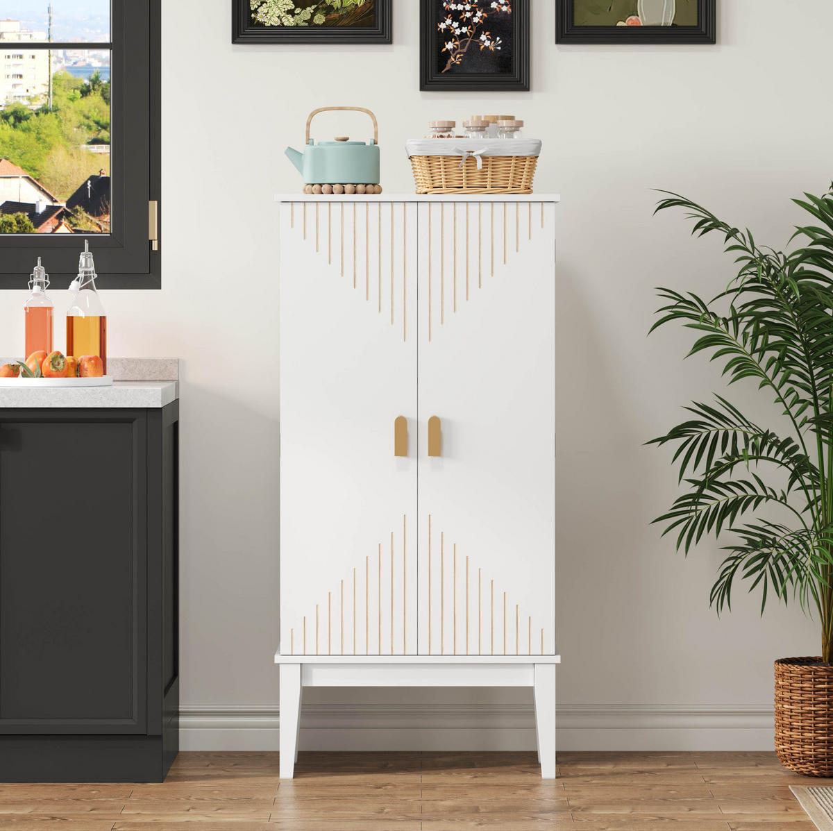BUFFET aus MDF 120x59x30 cm Weiß mit 2 Türen, 5 Fächern und Türablagen im Vintage-Stil - Weiß, Holzwerkstoff (59/120/30cm) - Modfu