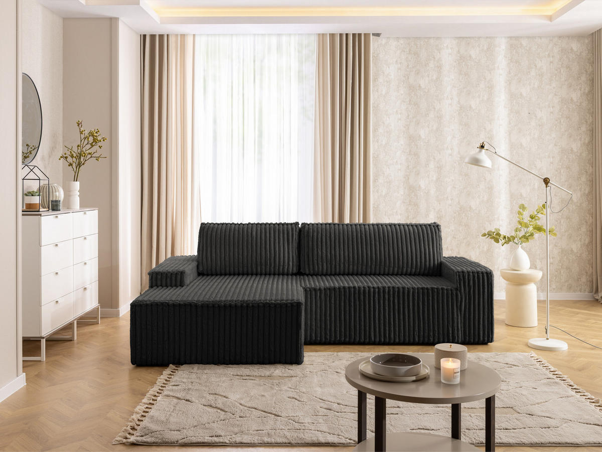 ECKSOFA Rivio mit Schlaffunktion und Bettkasten, Plüschcord Dunkelgrau - Dunkelgrau/Schwarz, Holz/Kunststoff (149/262cm) - S-Style