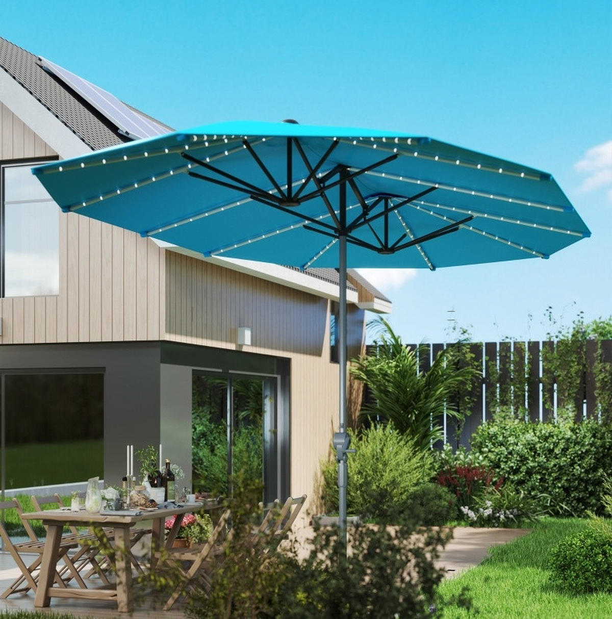 DOPPELSONNENSCHIRM aus Aluminium 451x267 cm in Blau mit Solar-LED & Kurbel - Blau, Metall (267/451cm) - Modfu