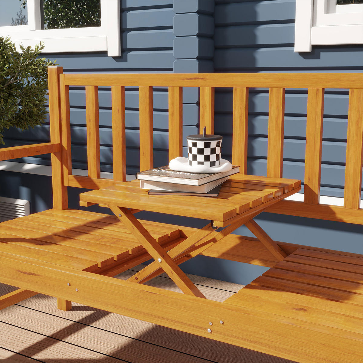 GARTENBANK DE-08282 mit ausklappbarem Tisch, für 2-3 Personen Hellbraun - Braun, Holz (153/91/56cm) - ComfortXL