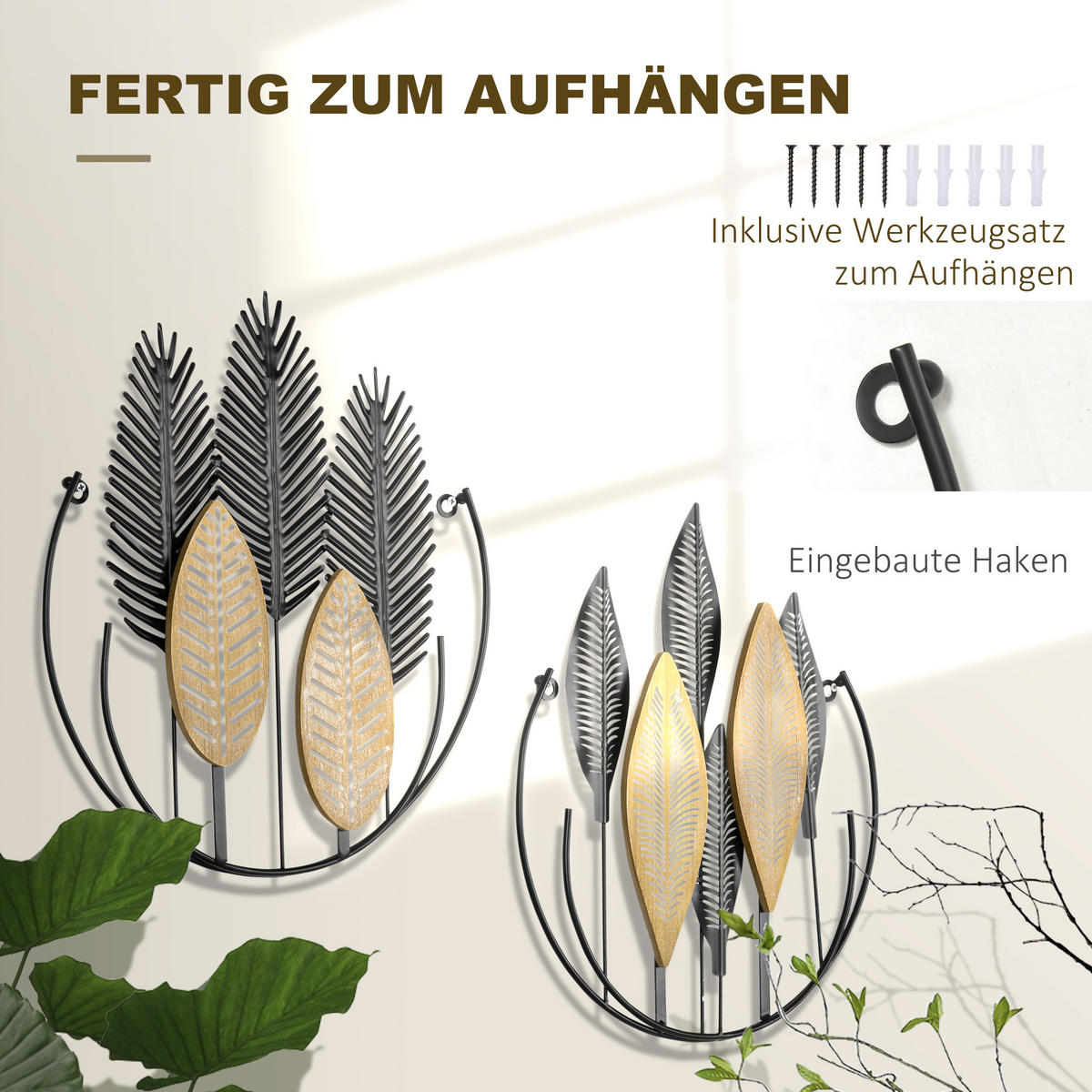 WANDDEKORATION, Eisen, Schwarz+Natur - Multicolor, Metall (3/46/40cm) - HOMCOM