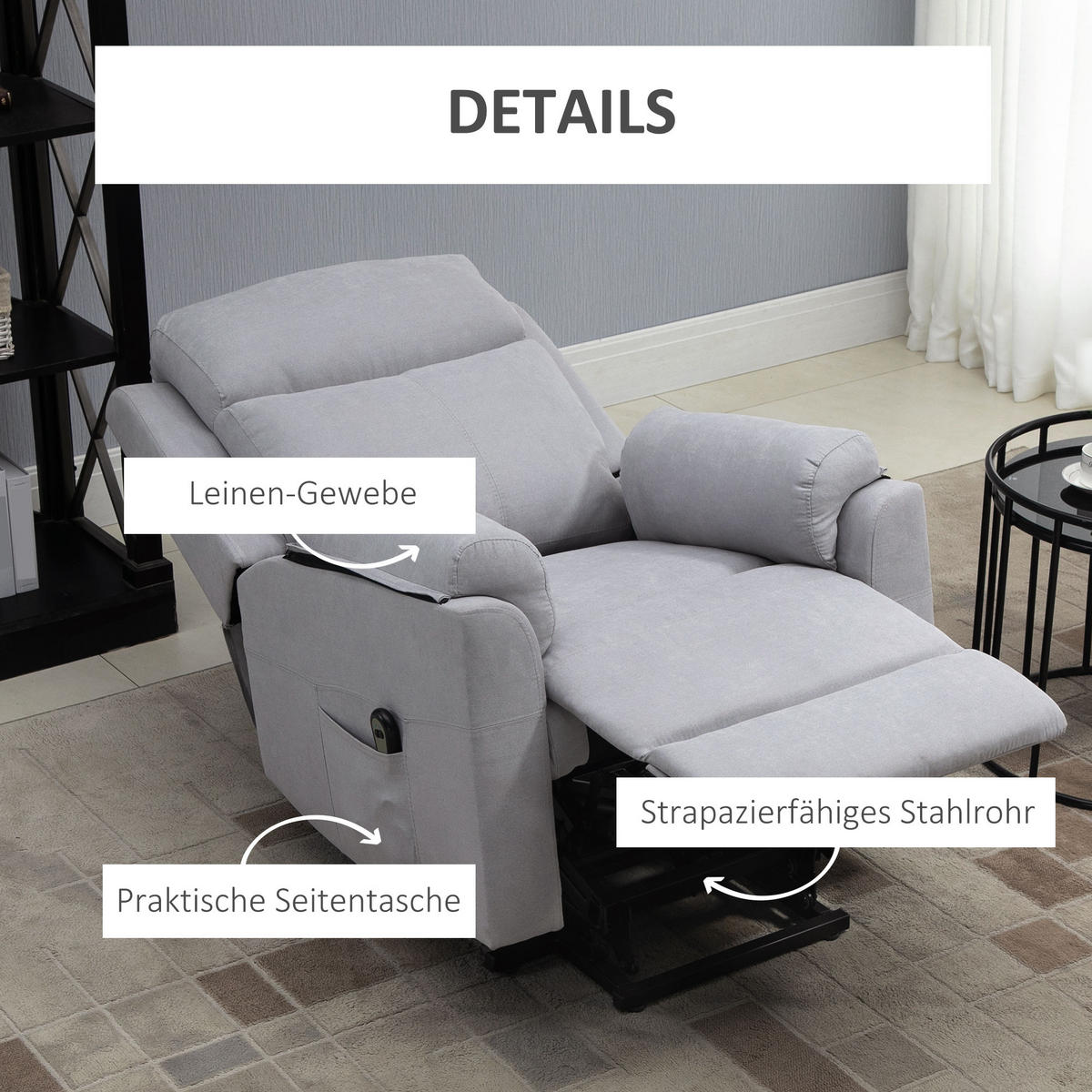 FERNSEHSESSEL mit Aufstehhilfe, Hellgrau - Hellgrau/Schwarz, Textil/Metall (89/102/83cm) - HOMCOM