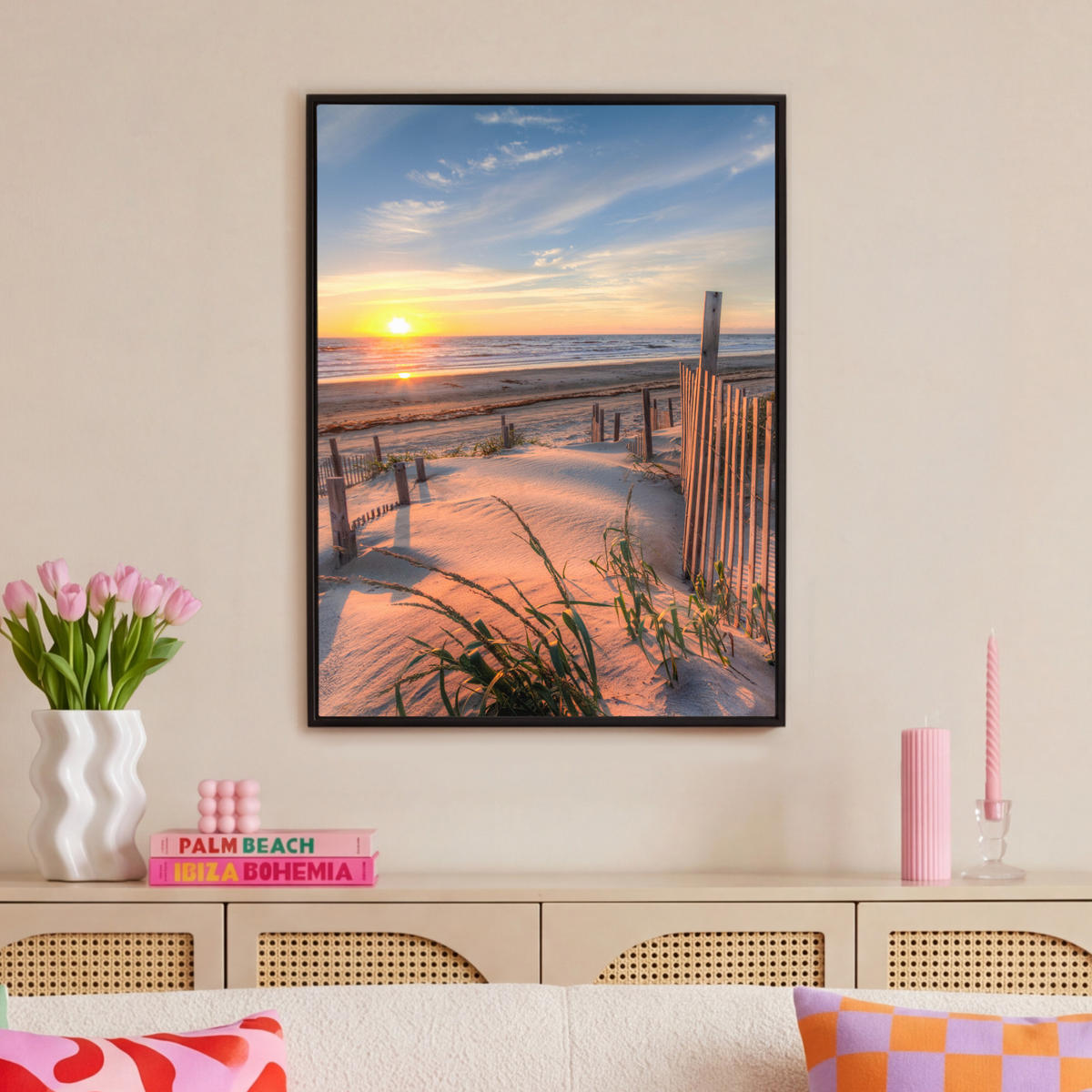 LEINWAND Bilder mit Rahmen - Strand - Meer - Düne - Sonnenuntergang - Landschaft - 70x100 - Beige, Textil (70/100cm) - MuchoWow