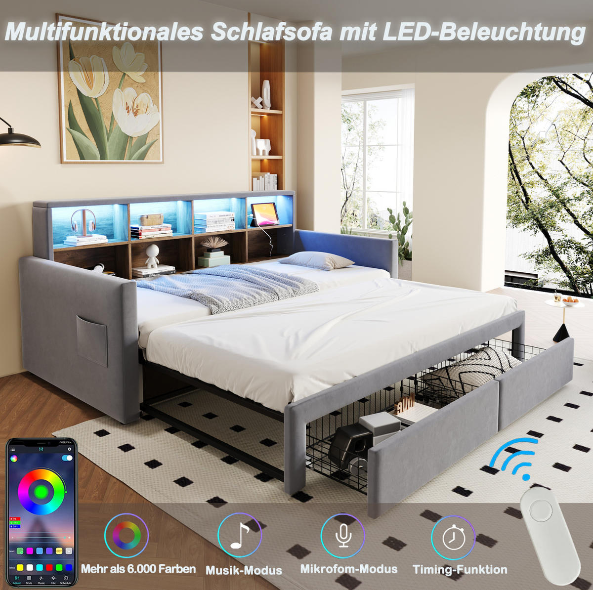 ČALÚNENÁ posteľ 90/190 cm rozkladacia na 180 cm s LED, úložným čelom a zásuvkami, svetlosivý zamat - svetlosivá, textil (90/190cm) - Redom