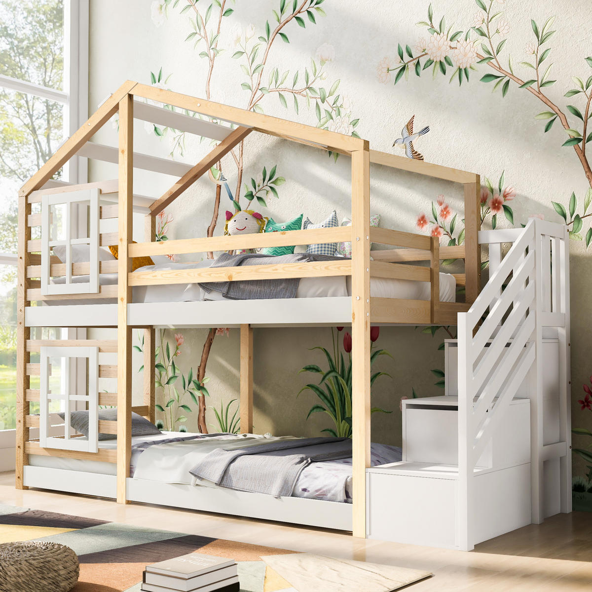 ETAGENBETT aus Kiefer-Massivholz und MDF 90x200 cm Natur & Weiß mit Stauraumtreppe - Weiß, Holzwerkstoff (90/200cm) - IVMEU