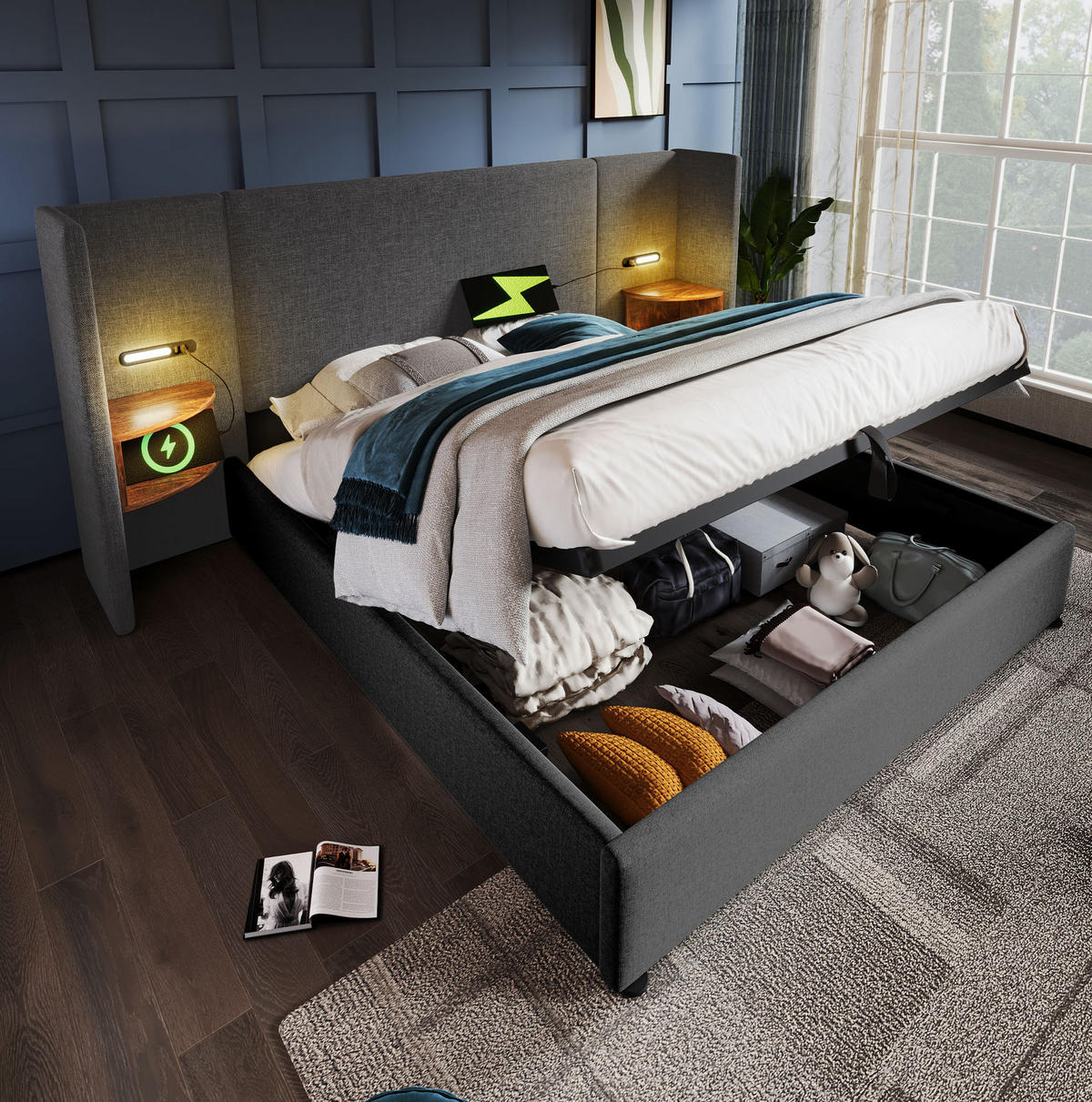 POLSTERBETT 160/200 cm mit Bettkasten, USB-C, Leselicht und Lattenrost in Grau - Grau, Textil (160/200cm) - BEAOK
