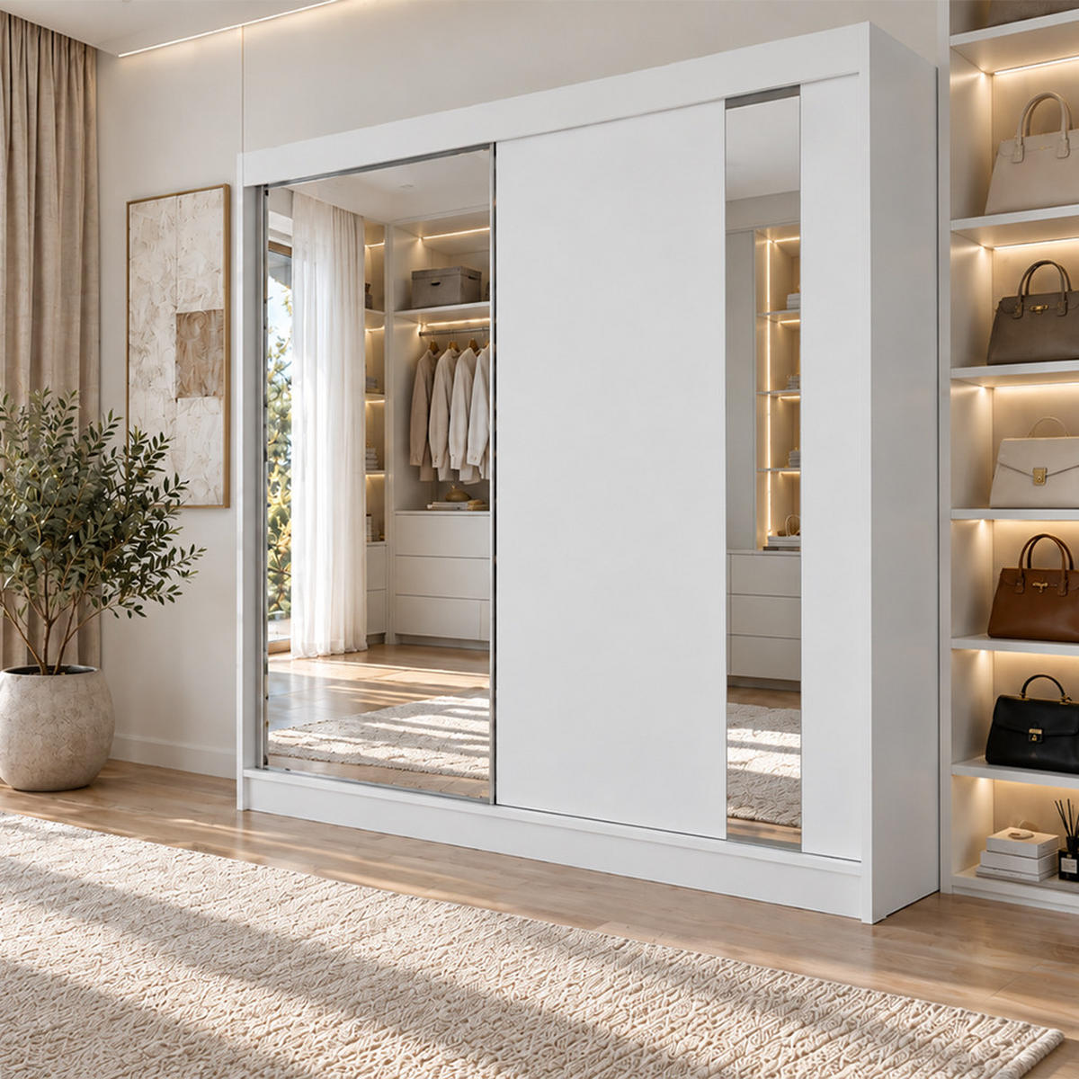 KLEIDERSCHRANK Gloria 200 cm Weiß Spiegel 2 Schubladen Griffe silber - Weiß, Holzwerkstoff (200/216/61cm) - KS Home Concept