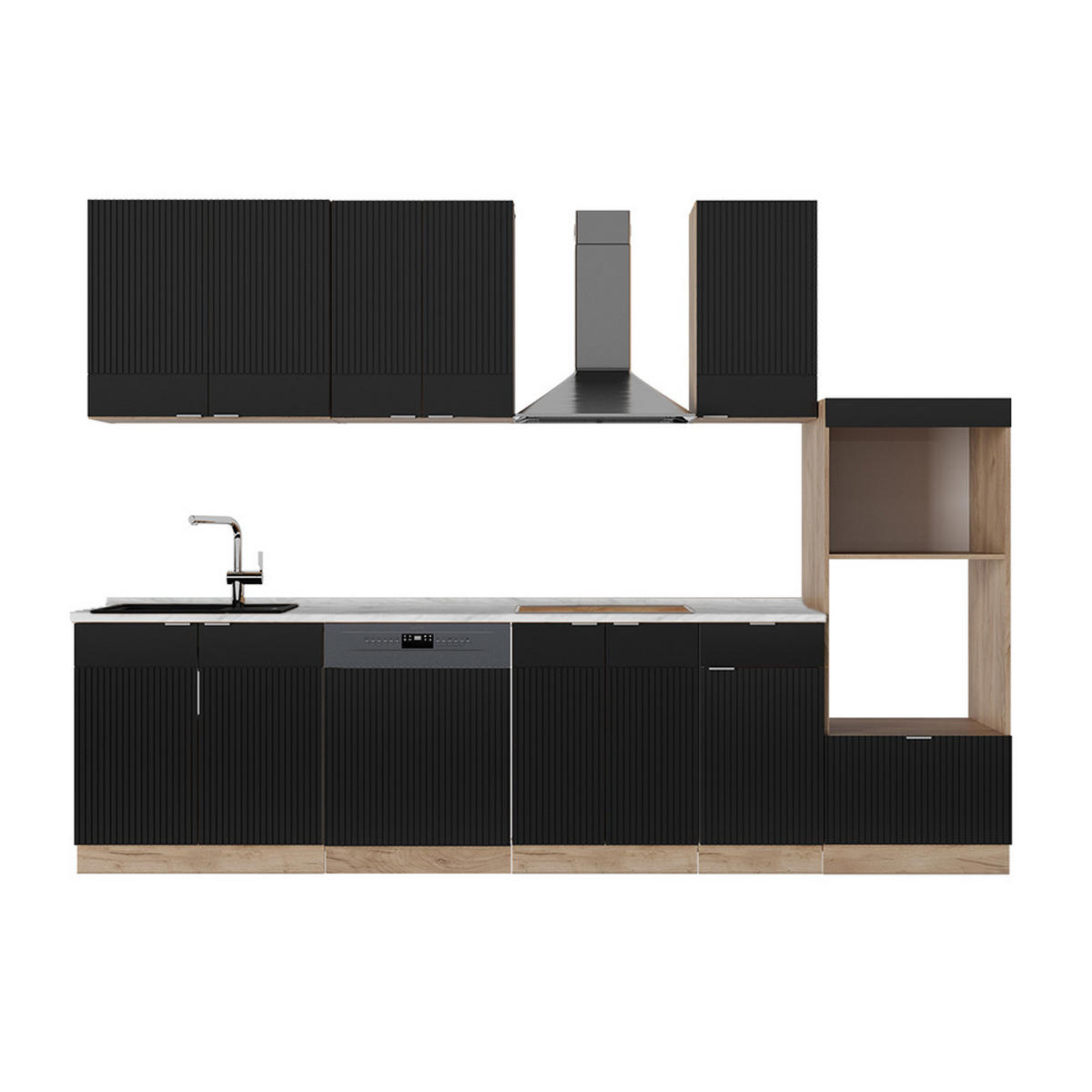 KÜCHENZEILE Fame-Line, Schwarz gestreift/Goldkraft Eiche, 300 cm mit Hochschrank, AP Marmor - Honigeiche/Schwarz, Holzwerkstoff (300/81.6/60cm) - Vicco