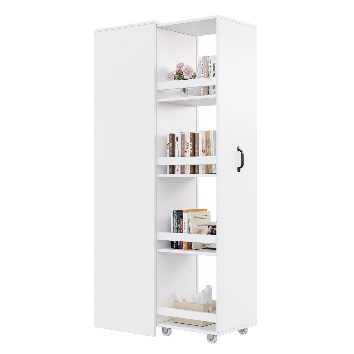BÜCHERREGAL Schmal 160cm mit Rollen Platzsparend Modern - Weiß, Holzwerkstoff (40/160.5/30cm) - FLIEKS