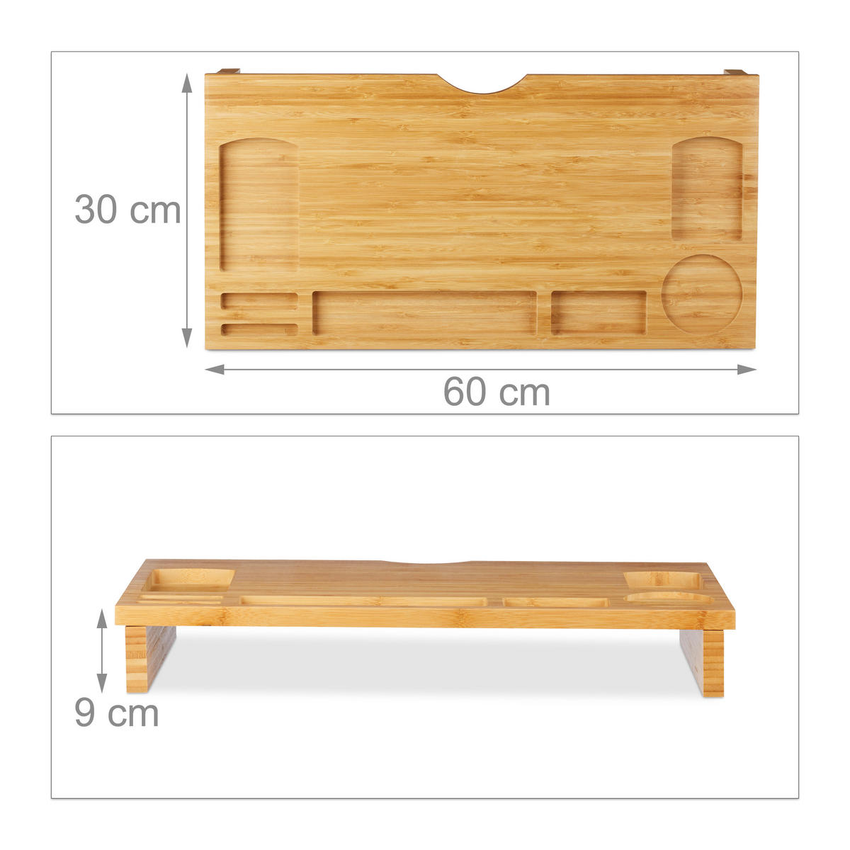 MONITORSTÄNDER Natur Bambus mit 7 Fächern 60x30 cm - Hellbraun, Holz (30/60/9cm) - Relaxdays