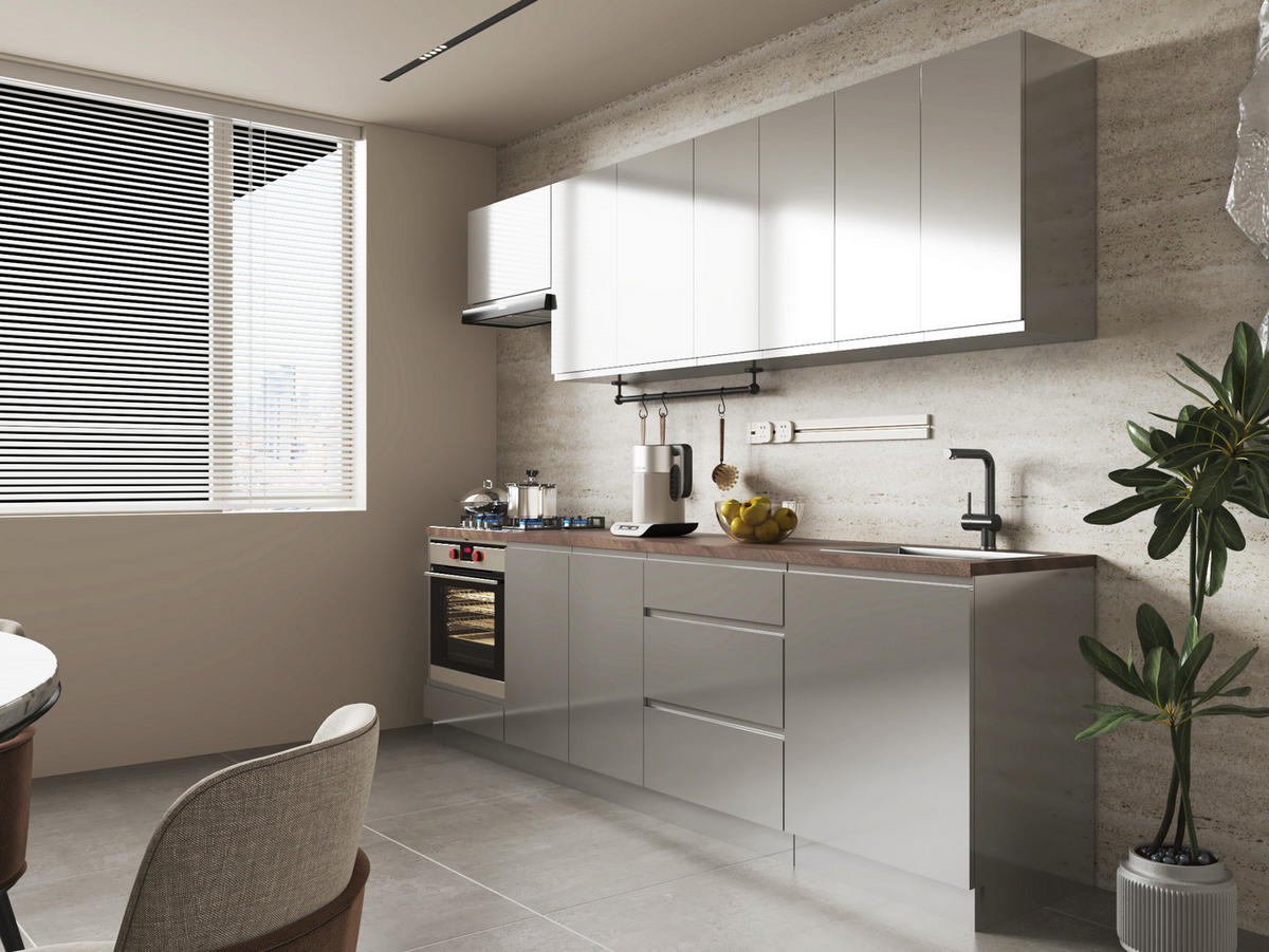 KÜCHENZEILE 260 cm – Aspen KA1-M260 - in Grau/Hochglanz - Grau, Holz (260/212/47cm)