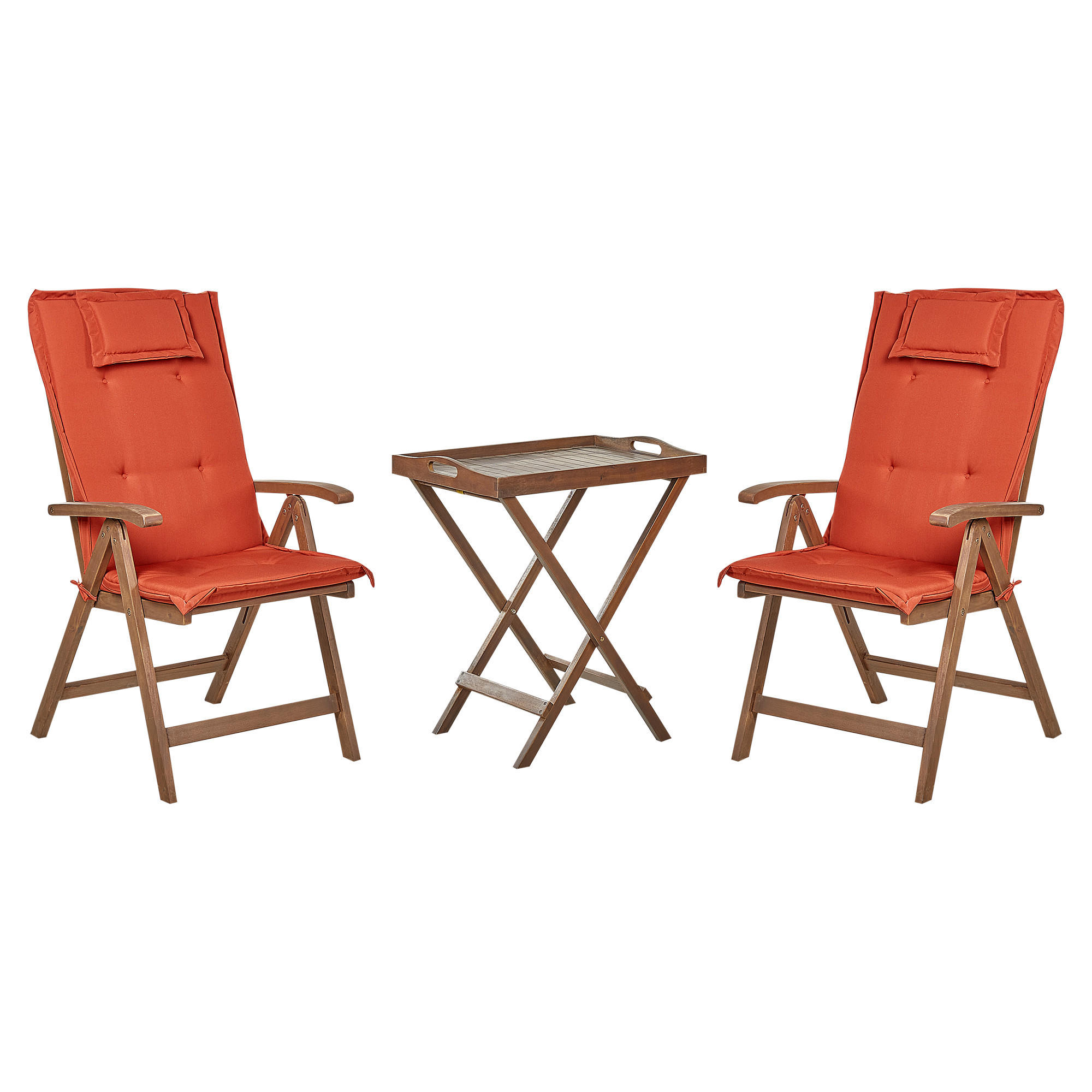 BALKONSET 2-Sitzer Akazienholz dunkelbraun verstellbar Auflagen rot Amantea - Dunkelbraun/Rot, Holz/Textil - Beliani