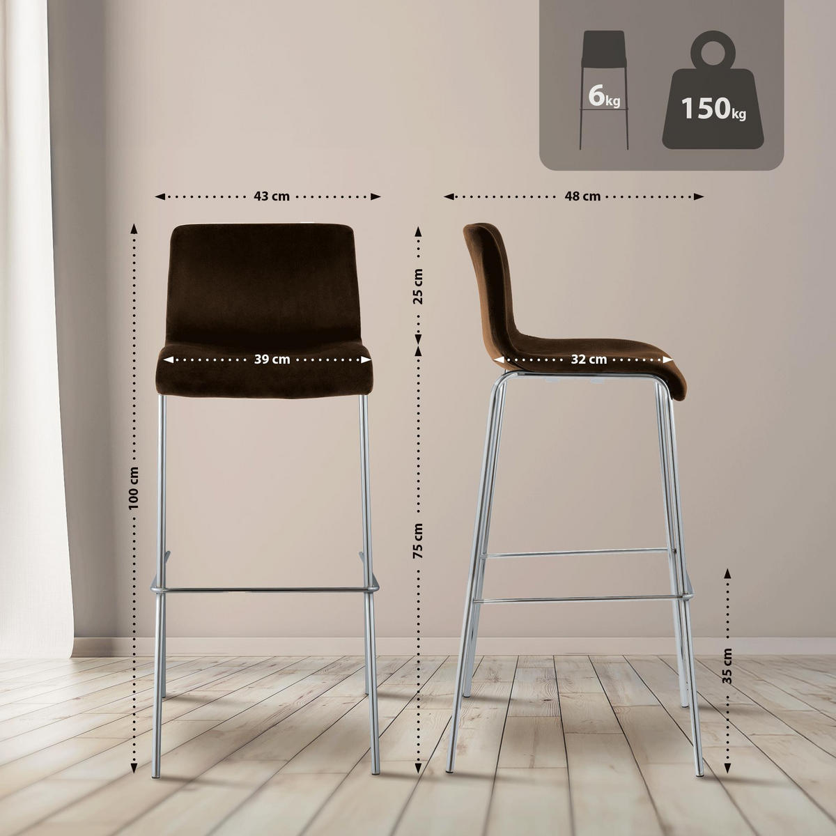 BARHOCKER Samt Braun - Chromfarben/Braun, Textil/Metall (43/100/48cm) - CLP