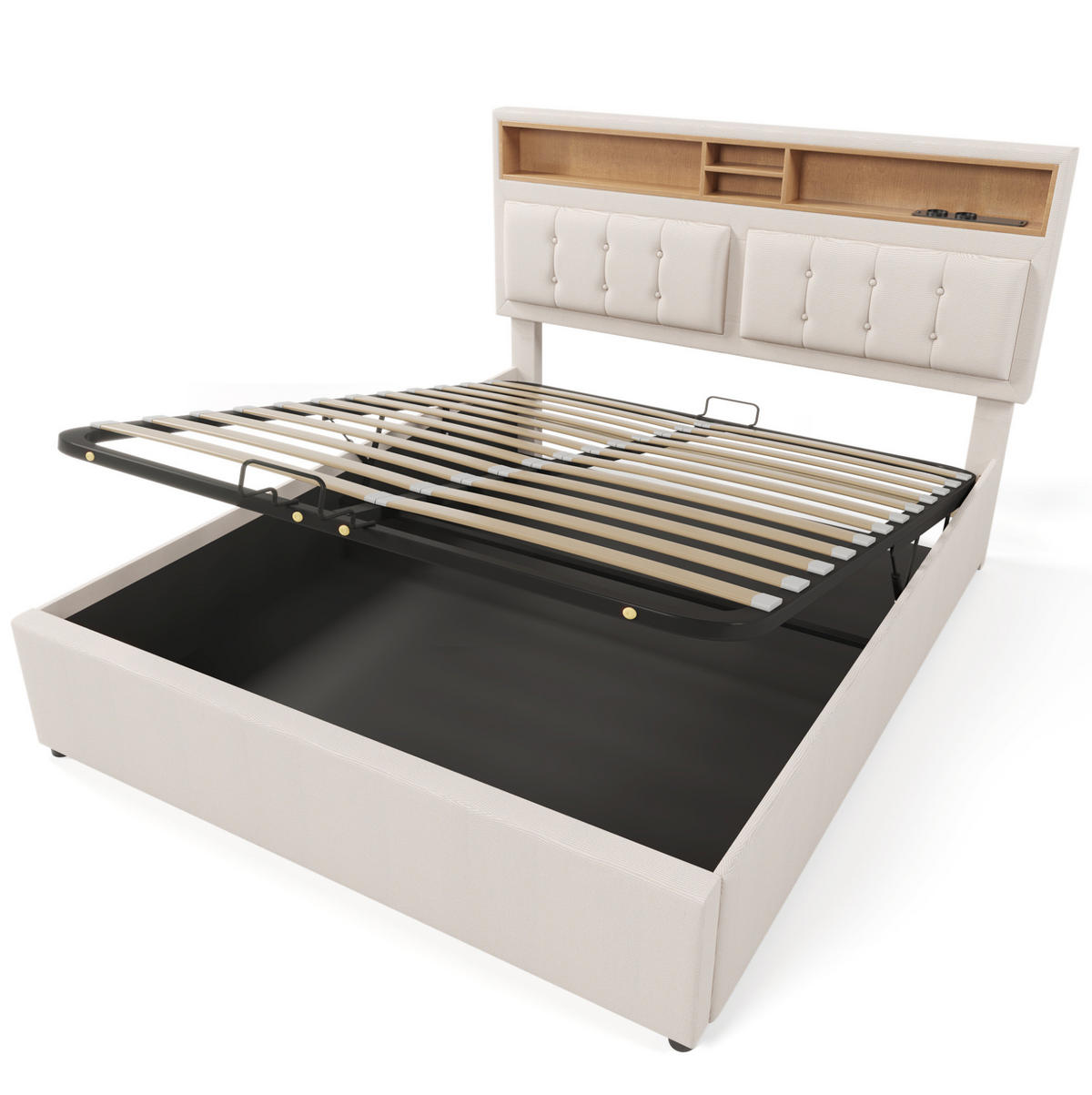 POLSTERBETT mit Stauraum & USB 140x200 cm Beige inkl. Matratze - Beige, Metall (140/200cm) - Meubliv