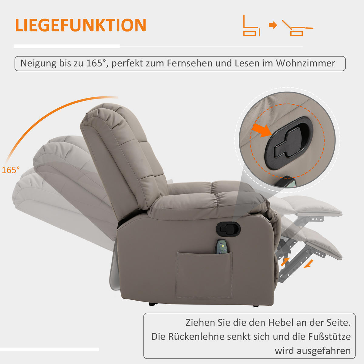 MASSAGESESSEL Elektrisch Fernsehsessel mit Liegefunktion 8 Massagepunkte Grau - Grau, Kunststoff/Metall (99/99/94cm) - HOMCOM