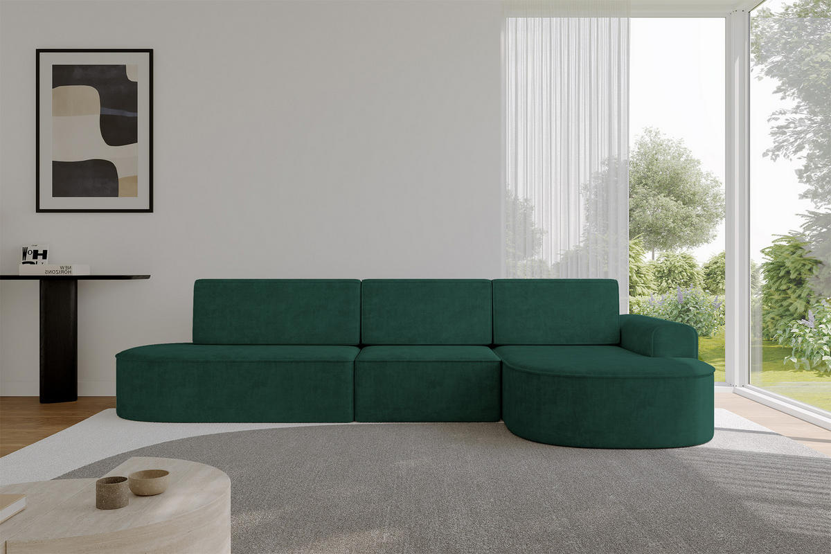 ECKSOFA mit Schlaffunktion Ottomane RECHTS MARI L2-S 368X167X85 Grün Velours - Waldgrün/Schwarz, Holzwerkstoff/Kunststoff (167/368cm) - ALTDECOR