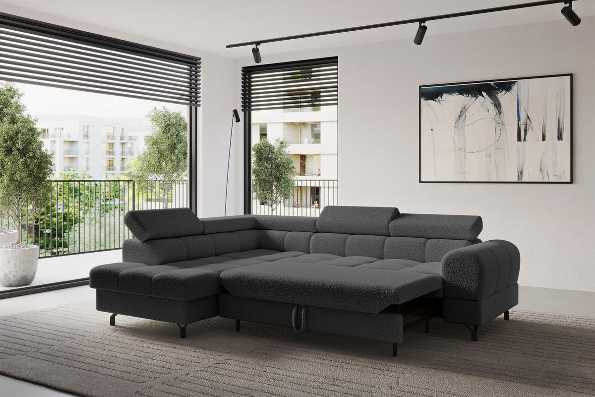 ECKSOFA mit Schlaffunktion Ottomane Links LUMA-L 272x203x70 Grau Bouclé - Chromfarben/Schwarz, Holzwerkstoff/Kunststoff (272/203cm) - ALTDECOR