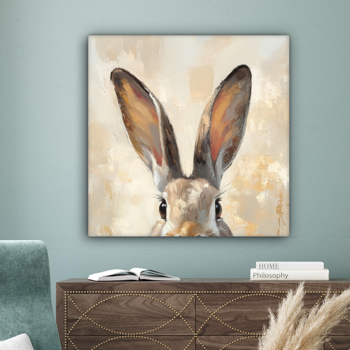 LEINWANDBILD Hase - Ohren - Braun Deko Groß 90x90 cm - Beige, Textil (90/90cm) - MuchoWow