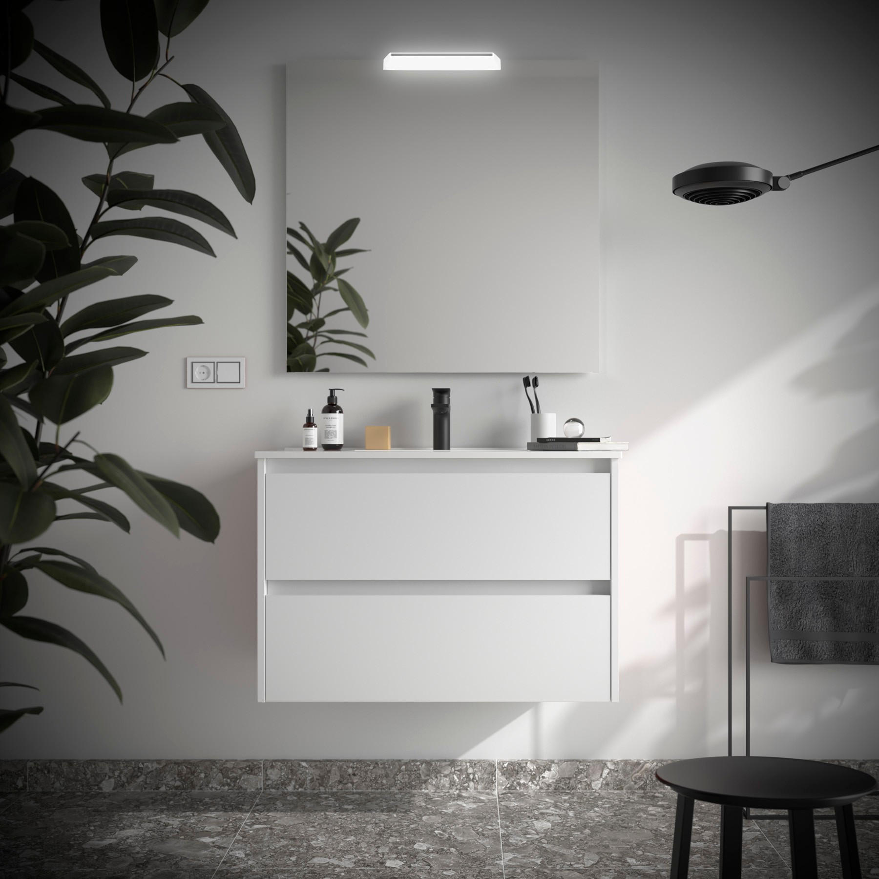 BADEZIMMERMÖBEL NOJA 900 2 Schubladen WHITE SATIN + Waschtisch + Spiegel - Schwarz, Metall (45/54/90cm) - Salgar
