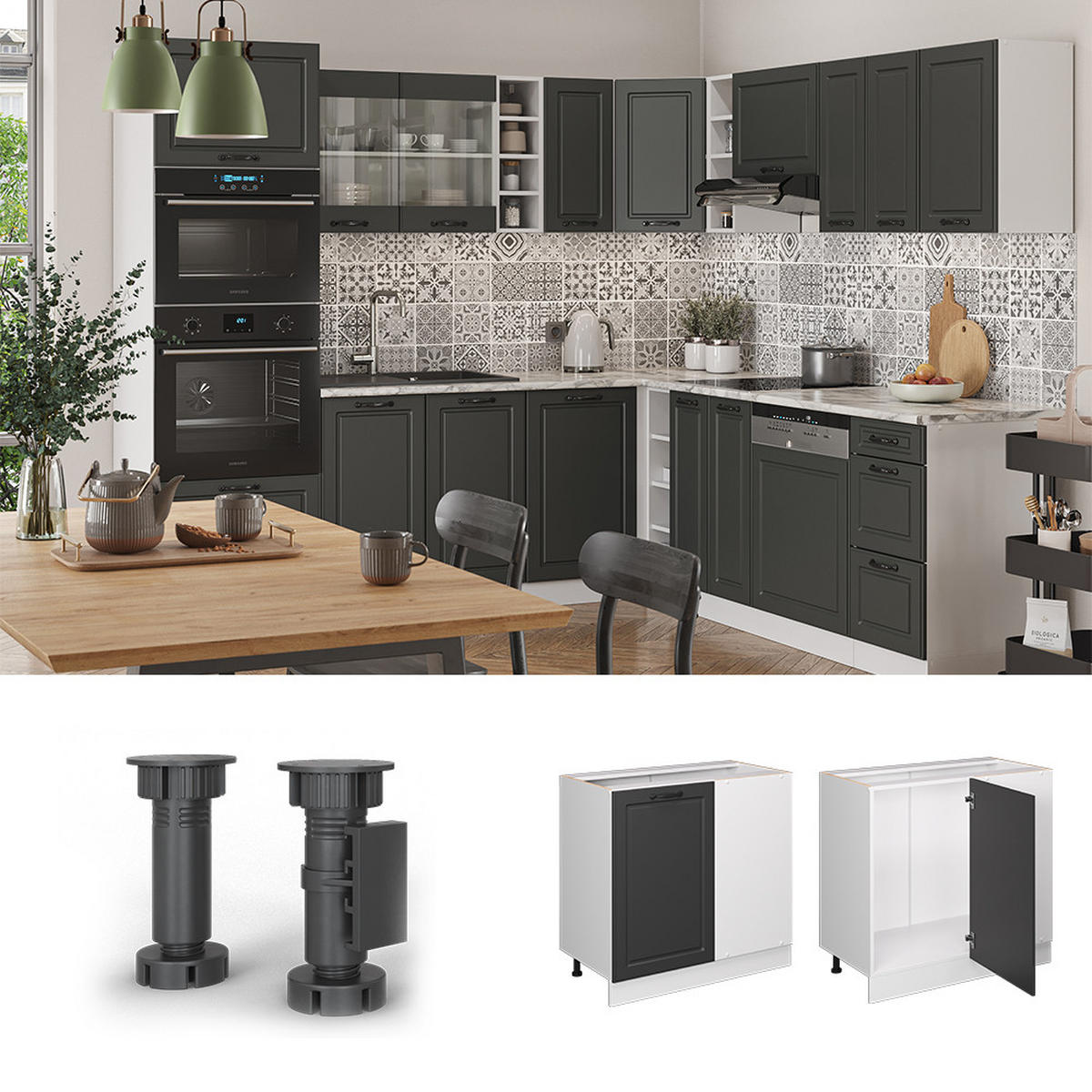 ECKUNTERSCHRANK R-Line Anthrazit Landhaus 86 cm AP Marmor - Dunkelgrau/Anthrazit, Holzwerkstoff (86/81.6/60cm) - Vicco