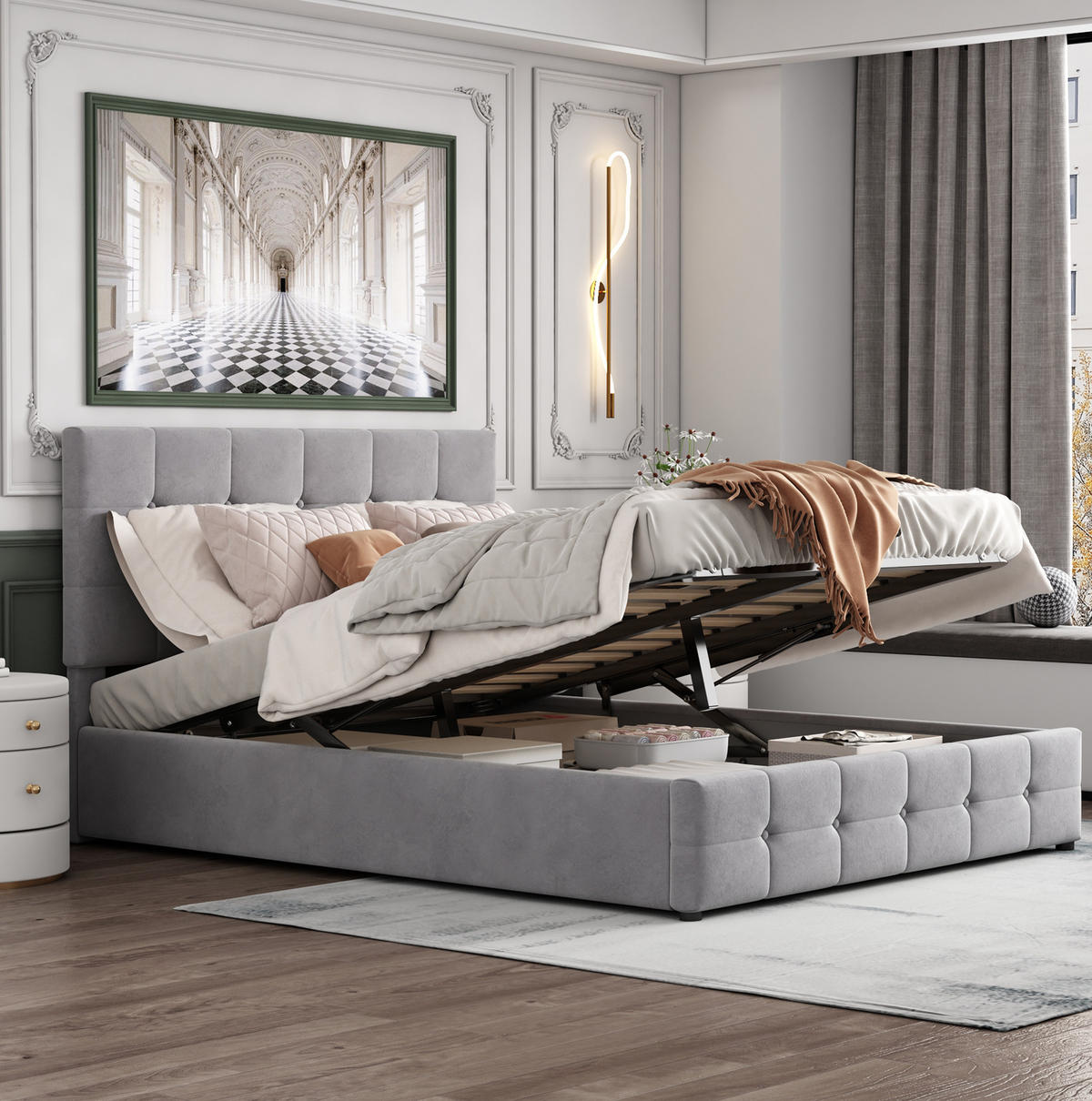 POLSTERBETT 140/200 cm mit hydraulischem Bettkasten und verstellbarem Kopfteil, Grau - Grau, Textil (140/200cm) - Redom