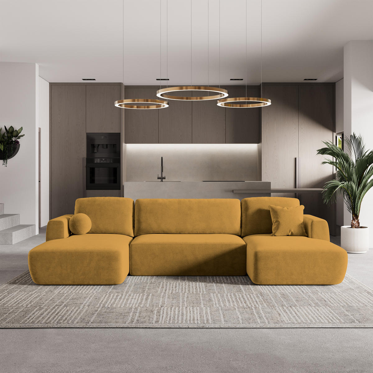 ROHOVÁ SEDAČKA SENTUM žlutá - černá/žlutá, dřevo/textil (330/148cm) - MASSENO