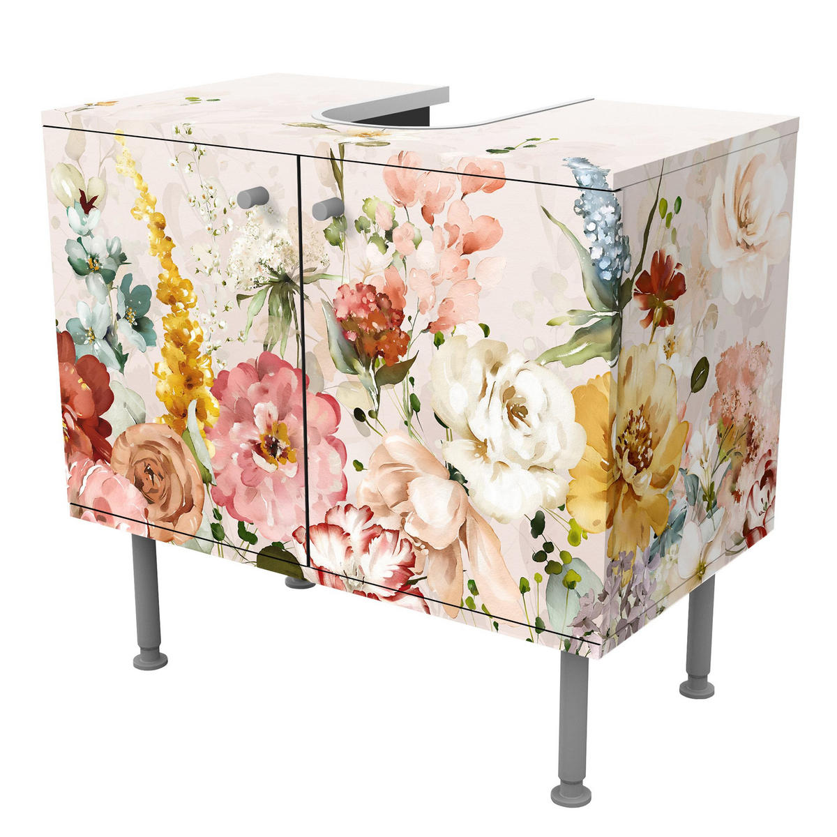 WASCHBECKENUNTERSCHRANK Rankende Blumen Aquarell Vintage 60/55/35 cm - Pastellblau, Holzwerkstoff (60/55/35cm) - Bilderwelten