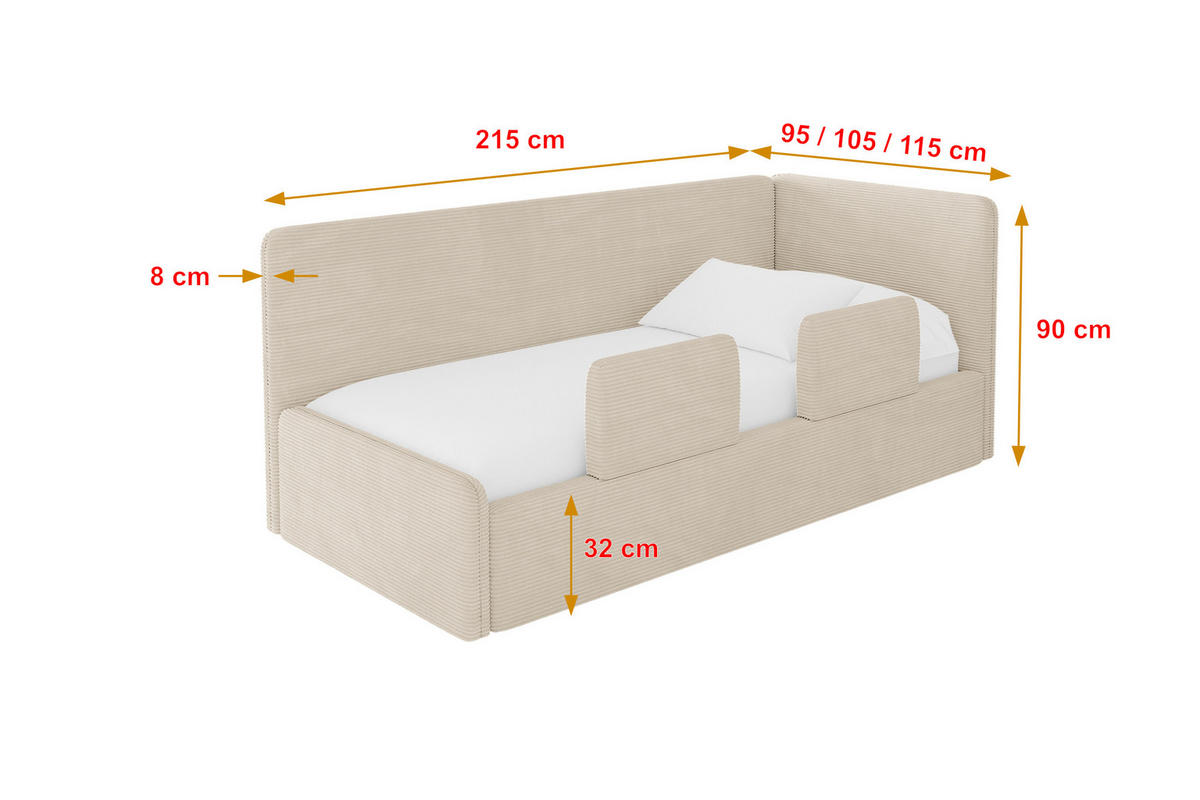 EINZELLBETT Jugendbett mit Bettkasten und Matratze H3/H4, Links - NORY 90x200 Beige - Creme, Holzwerkstoff/Textil (90/200cm) - ALTDECOR