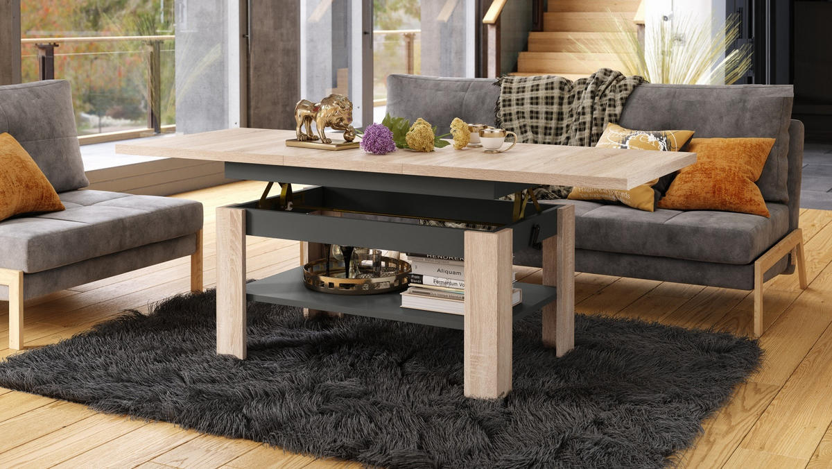 COUCHTISCH rechteckig Sonoma Eiche - Anthrazit ausziehbar höhenverstellbar - Anthrazit/Sonoma Eiche, Holzwerkstoff (65/130/58cm) - designimpex