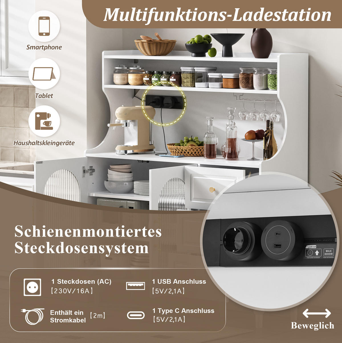 BUFFETSCHRANK 120/40/138,5 cm mit Steckdose, USB- und USB-C-Anschluss, Glashalter und 3 Schubladen, MDF, Weiß - Weiß, Holzwerkstoff (120/138.5/40cm) - Redom