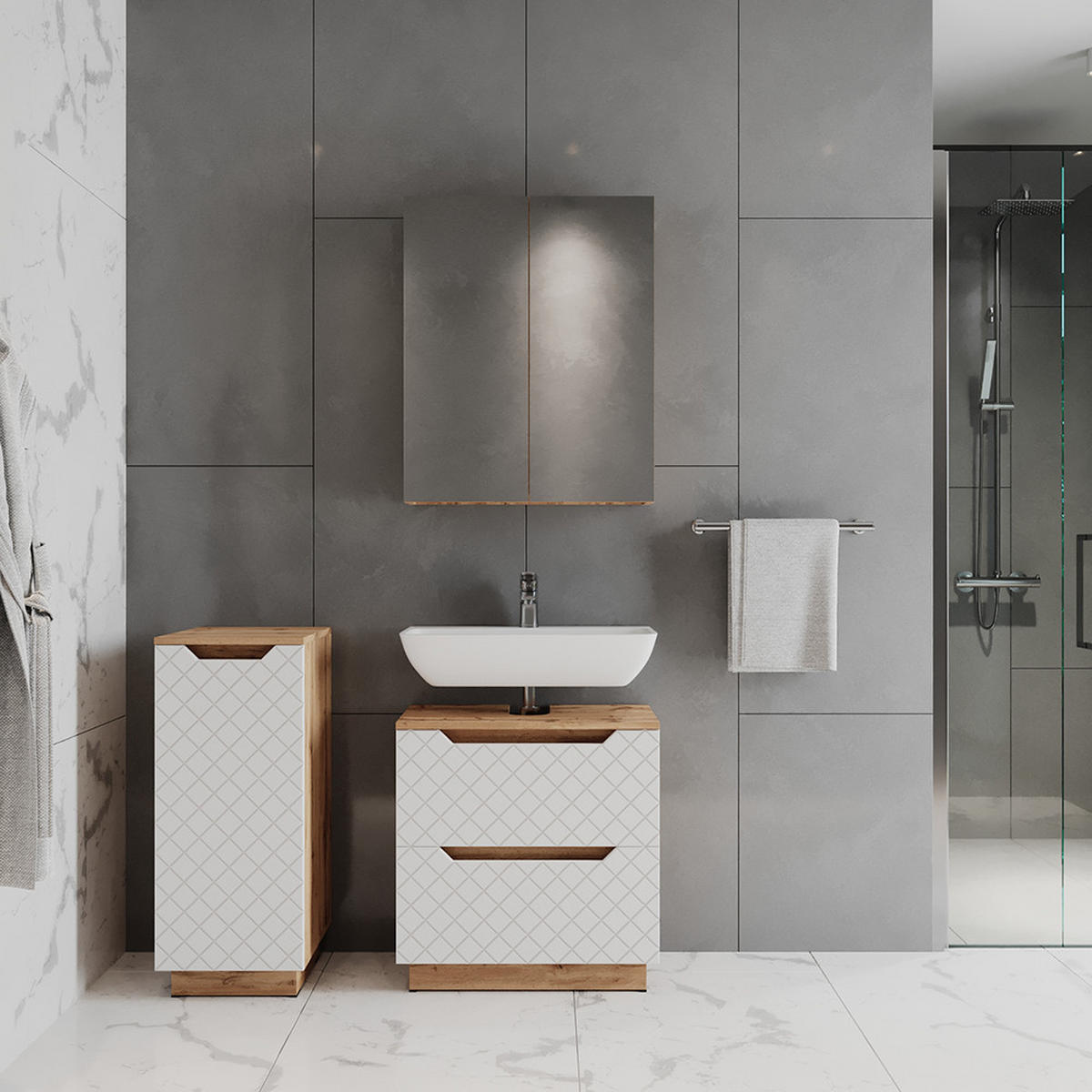 BADMÖBEL-SET Lotta Eiche/Weiß mit Kachelstruktur 3 Teile - Weiß, Holzwerkstoff (59.8/62.5/32cm) - Vicco